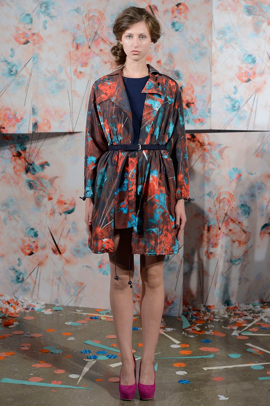 printed belted trench coat