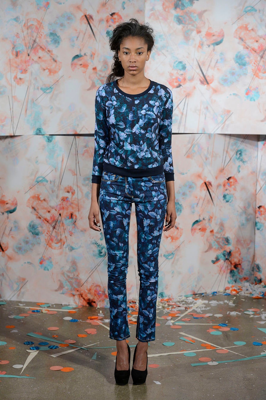 blue floral print sweater