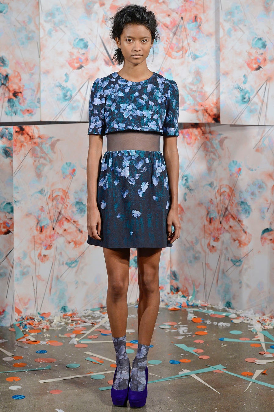 blue floral waist cutout mini dress