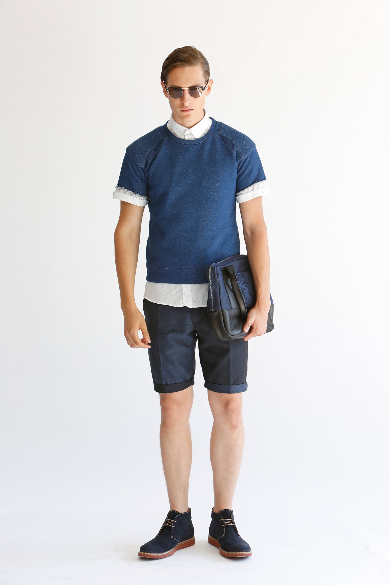 blue short-sleeve knit sweater
