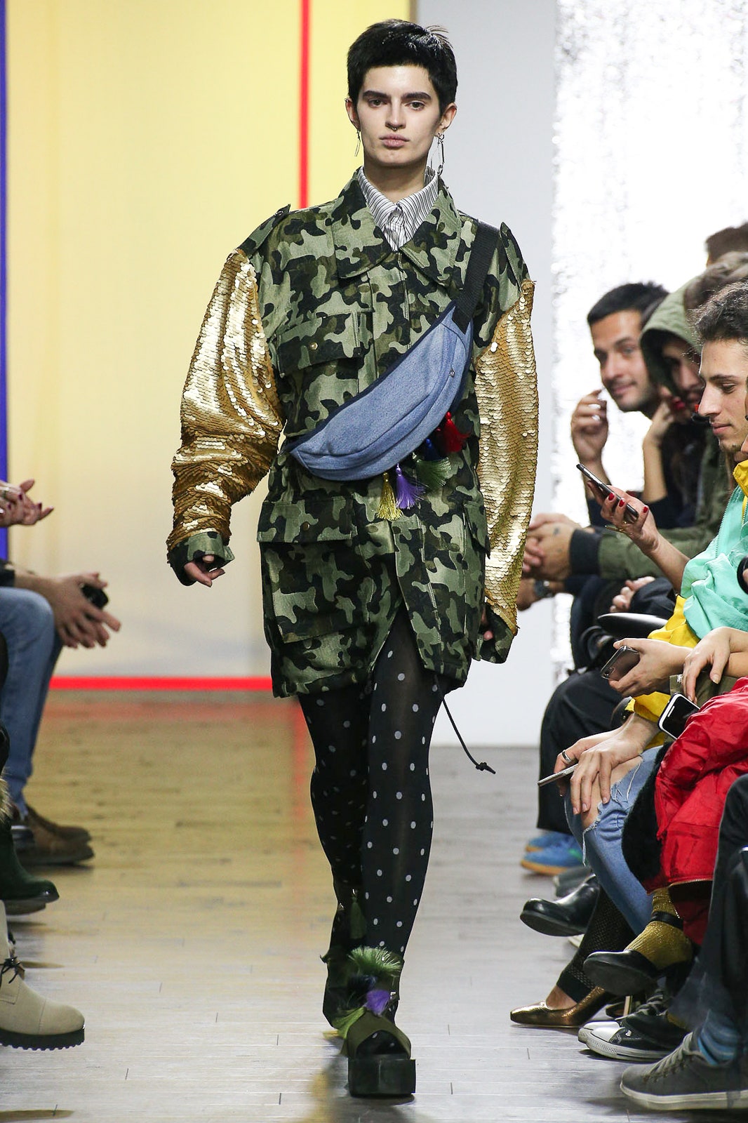 green sequin long-sleeve collared camouflage pockets jacket