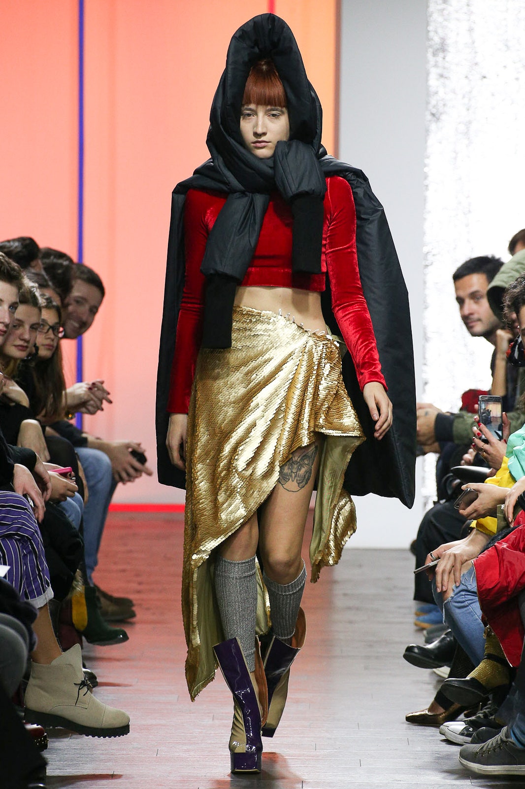 gold sequin asymmetric draped sequined shiny flowing skirt