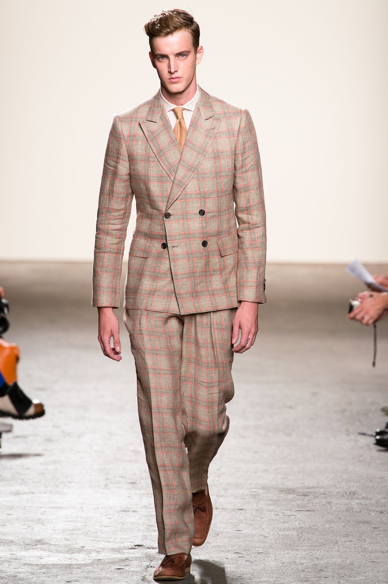 beige checked double-breasted blazer