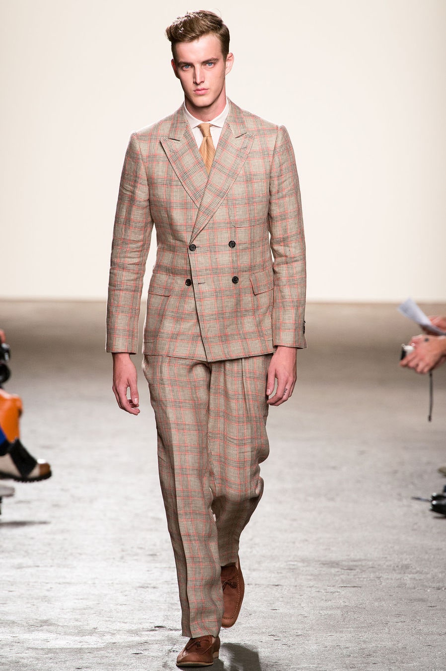beige checked double-breasted blazer