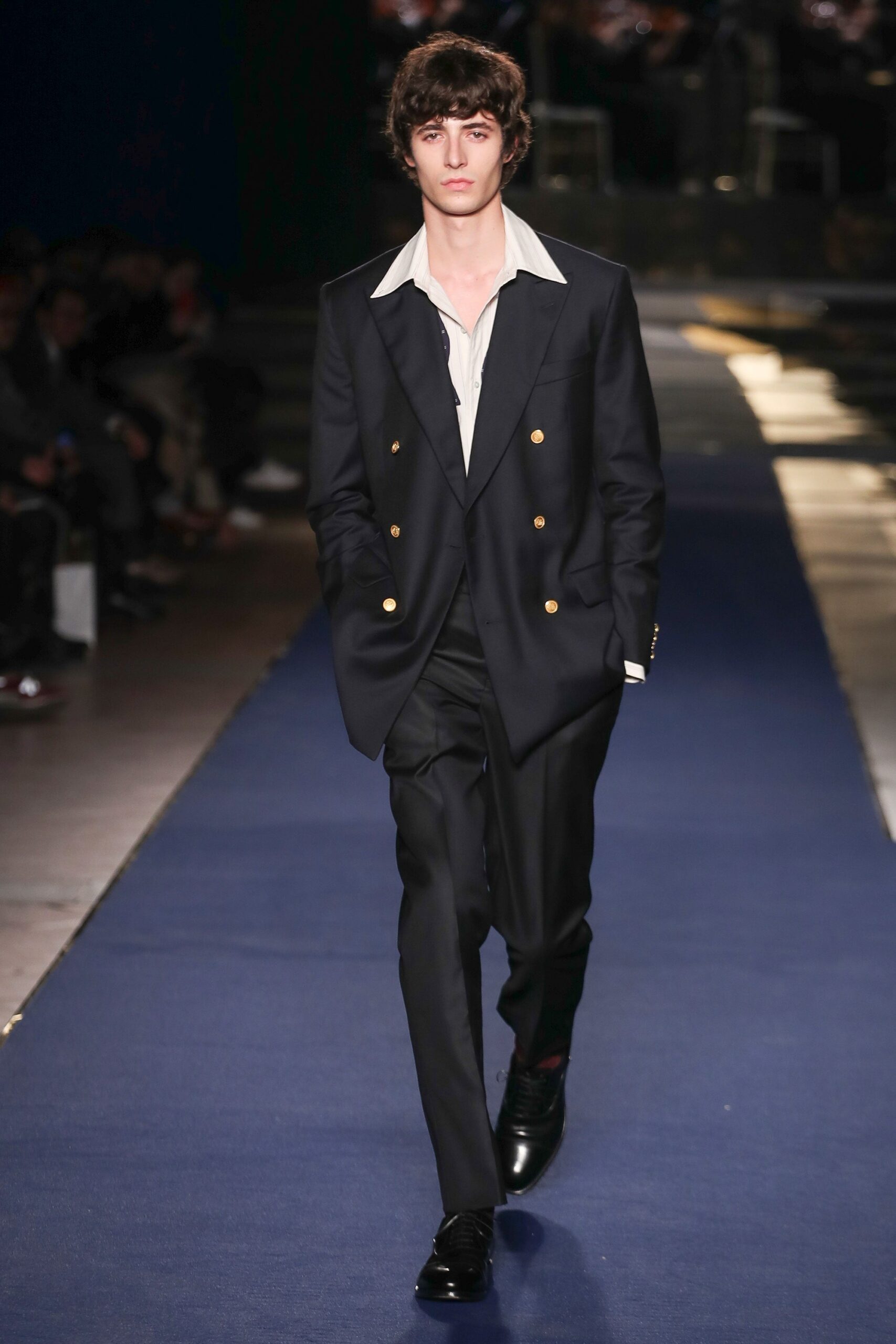double-breasted navy blazer