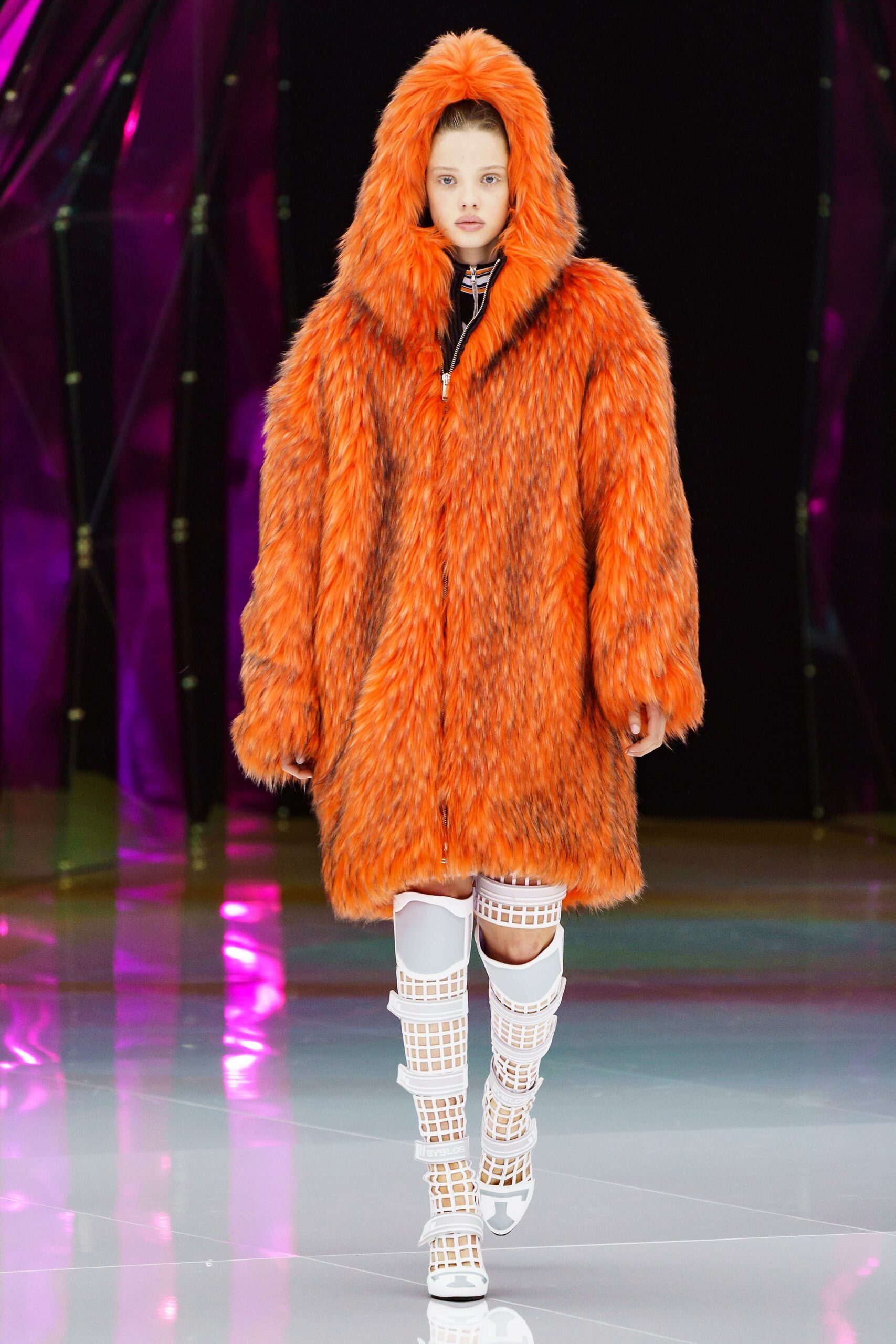 oversized orange furry hooded coat