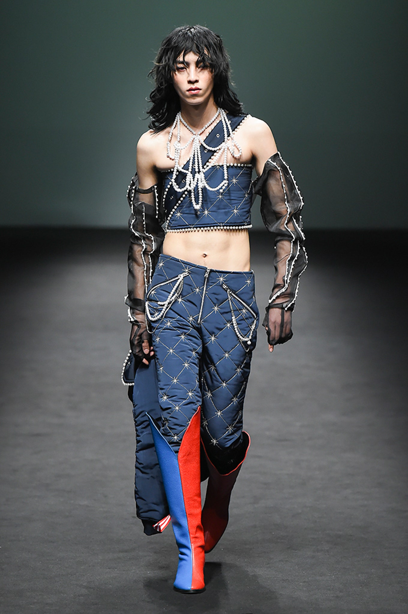 blue embellished asymmetric crop-top