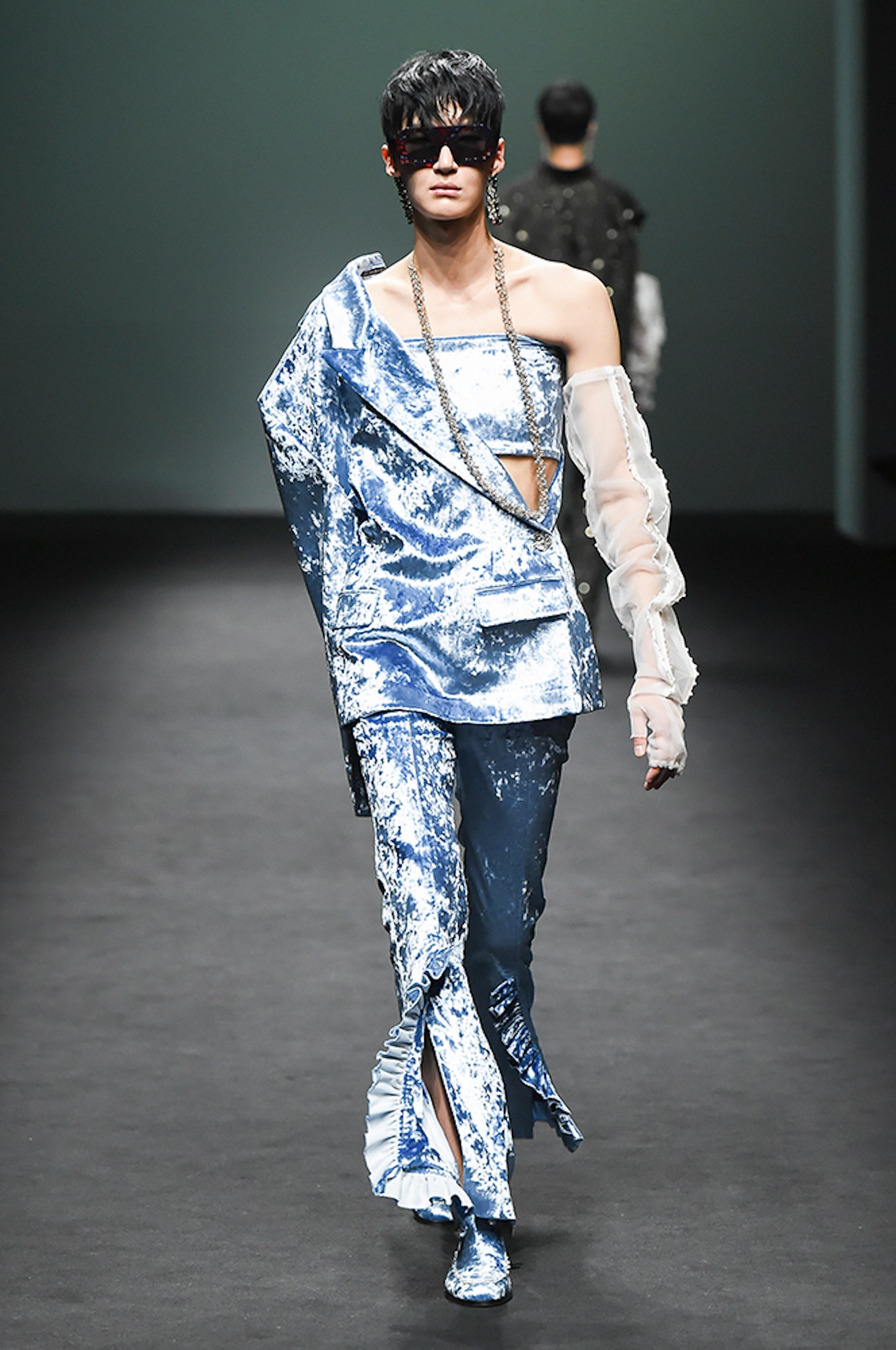 blue white satin asymmetric blazer
