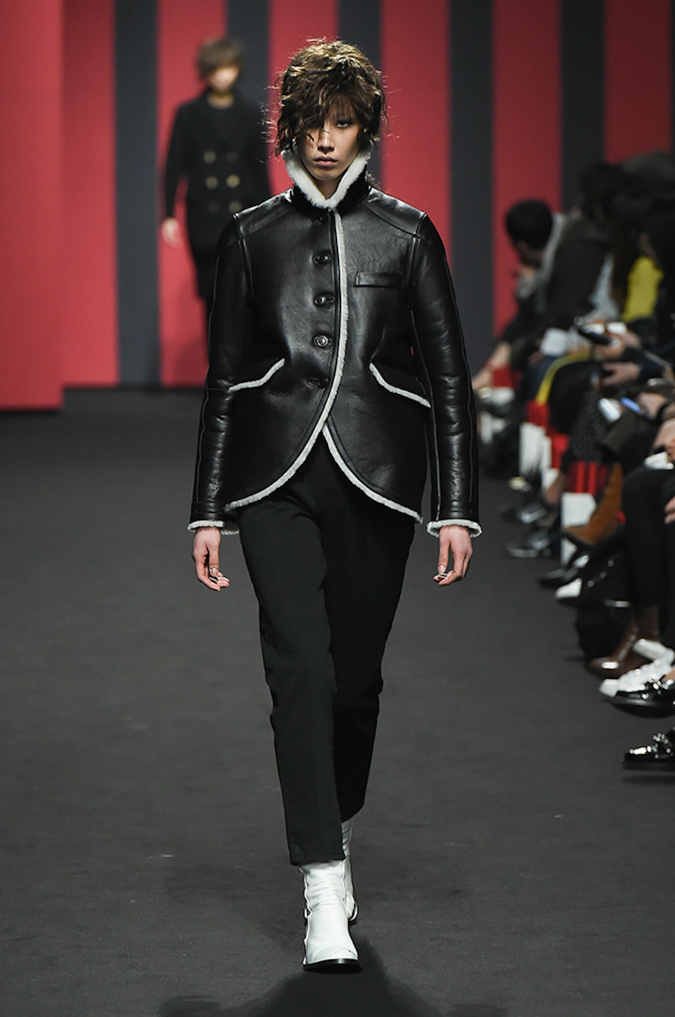 black leather shearling-trim jacket