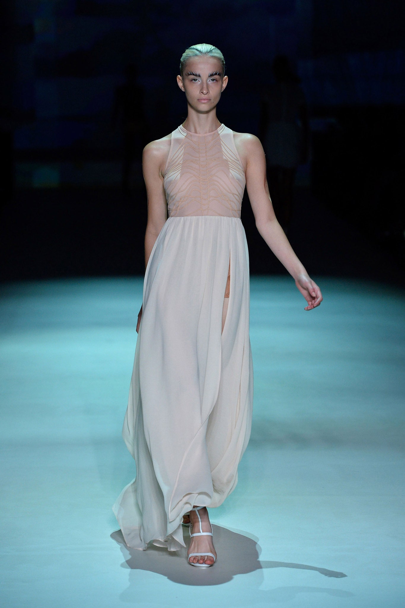 sheer pink embroidered chiffon gown
