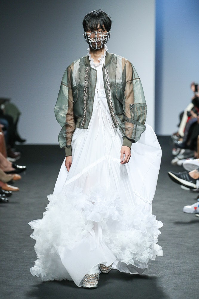 white ruffled chiffon gown