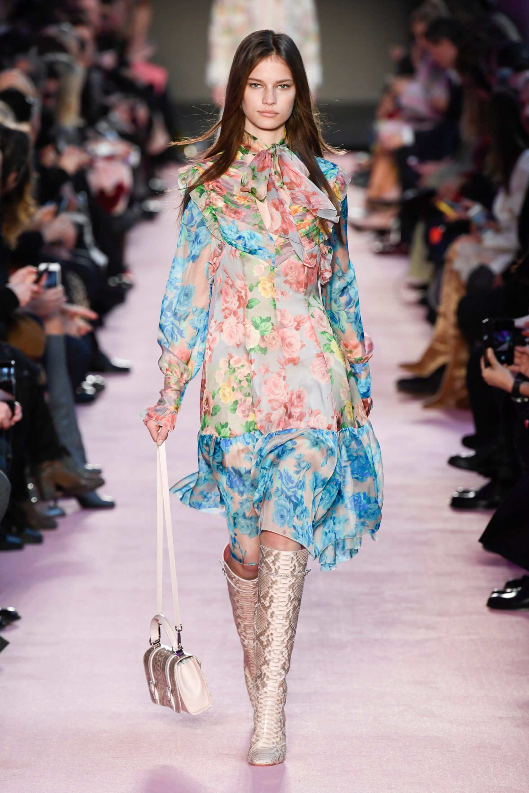 multi chiffon long-sleeve high-neck floral ruffled midi-dress