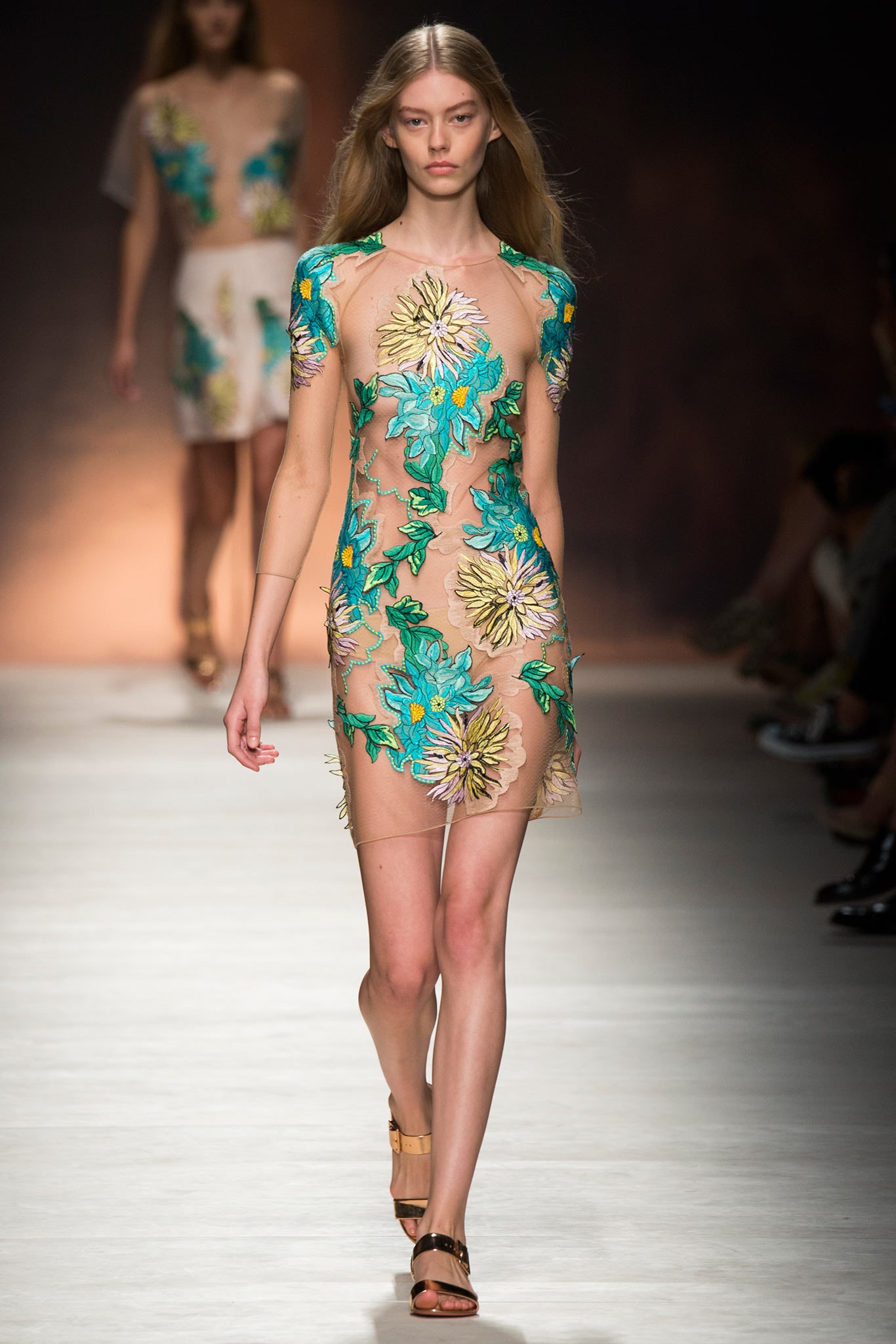 beige mesh short-sleeve high-neck fitted floral embroidered mini-dress