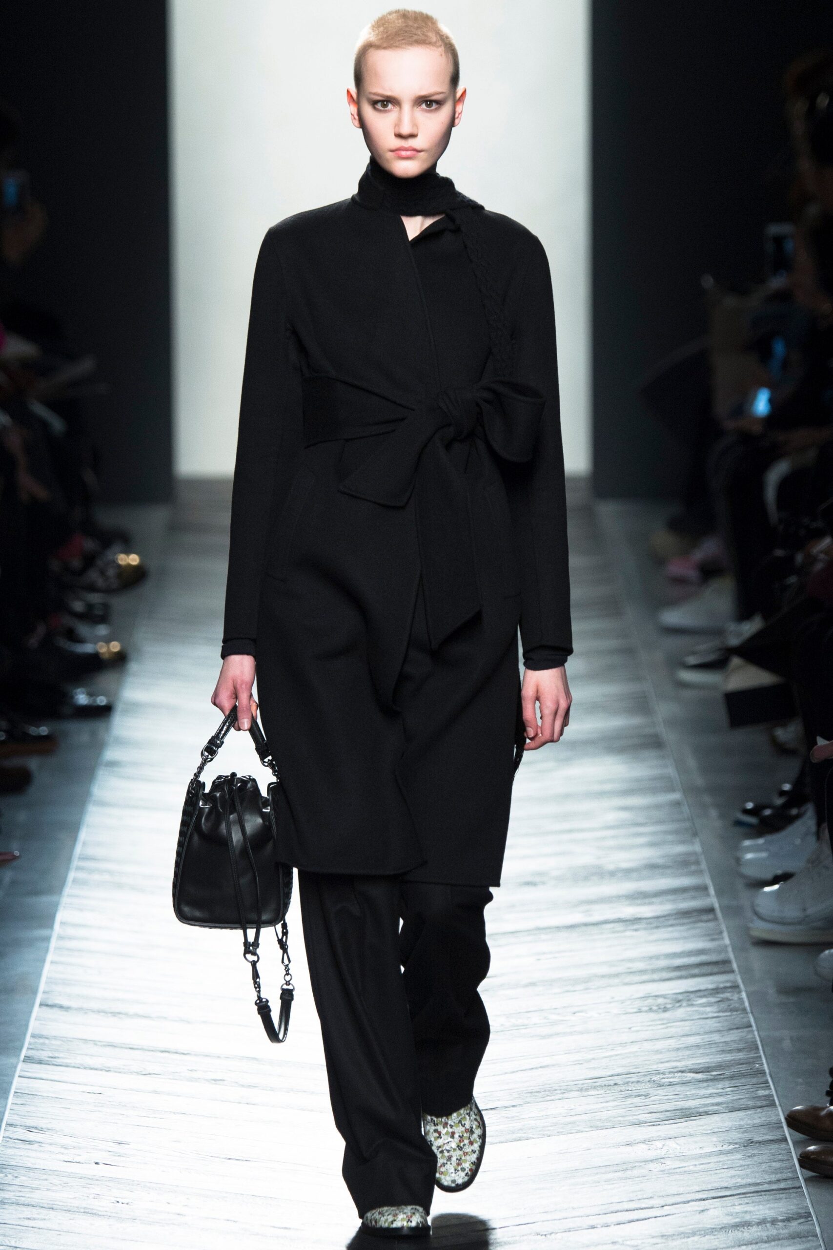 black unknown long-sleeve high-neck tailored belted knotted coat