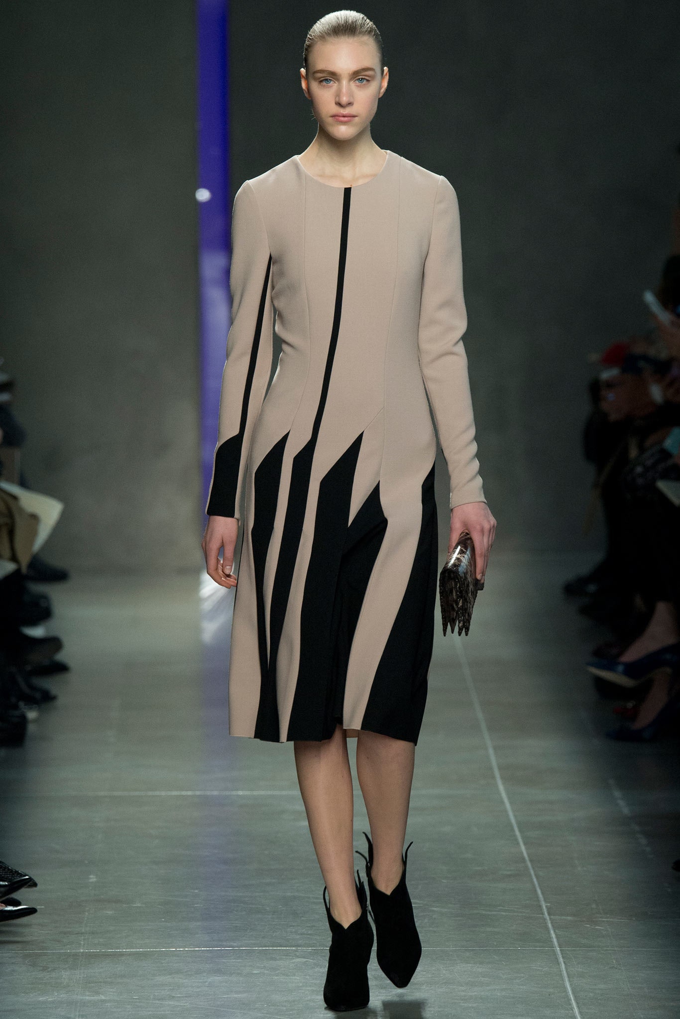 beige unknown long-sleeve high-neck tailored color-blocked panelled midi-dress