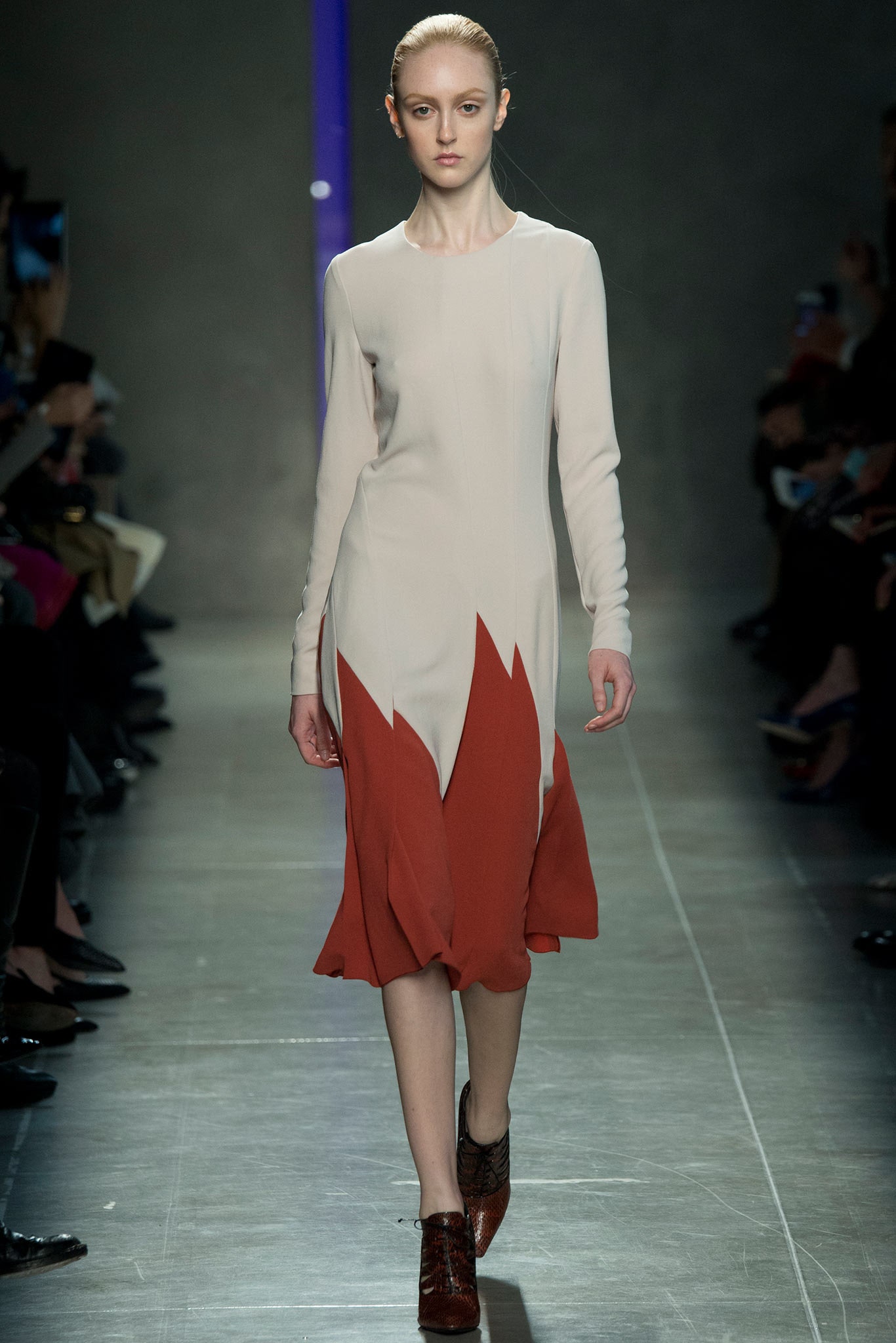 ivory crepe long-sleeve high-neck fitted color-blocked flared midi-dress