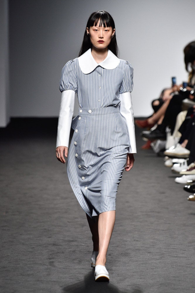 blue striped collared midi-dress