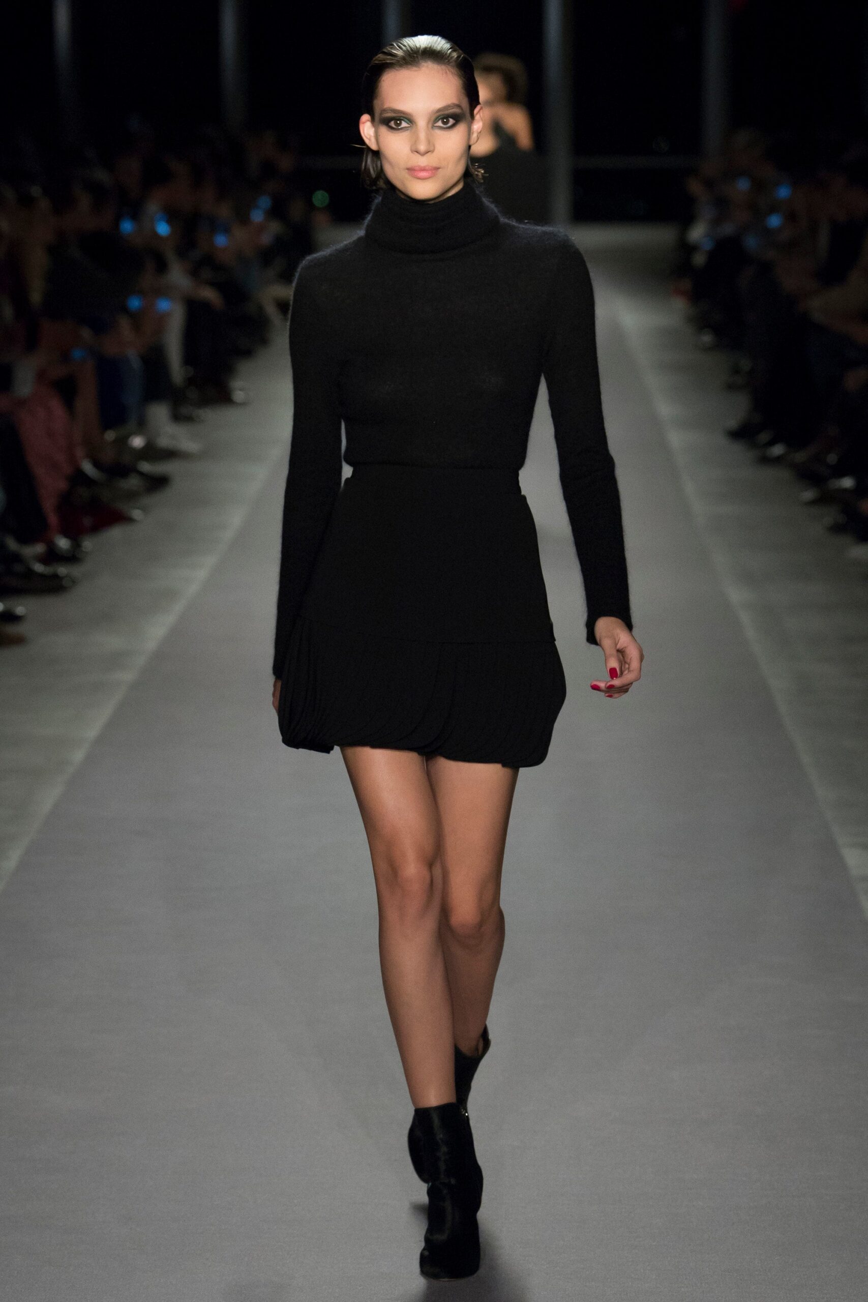 black knit long-sleeve turtleneck fitted ruched mini mini-dress