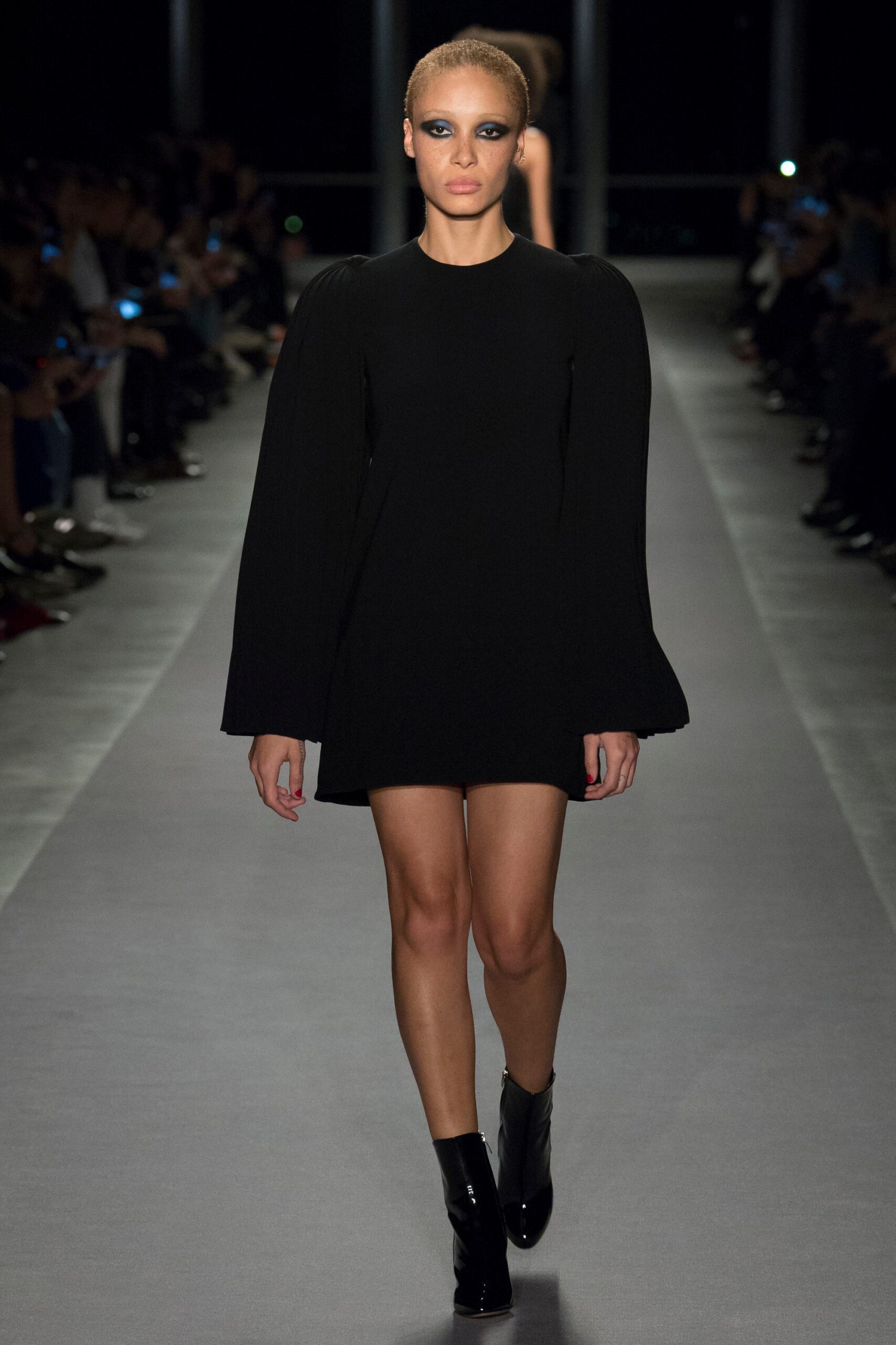 black crepe long-sleeve high-neck draped flowing mini mini-dress