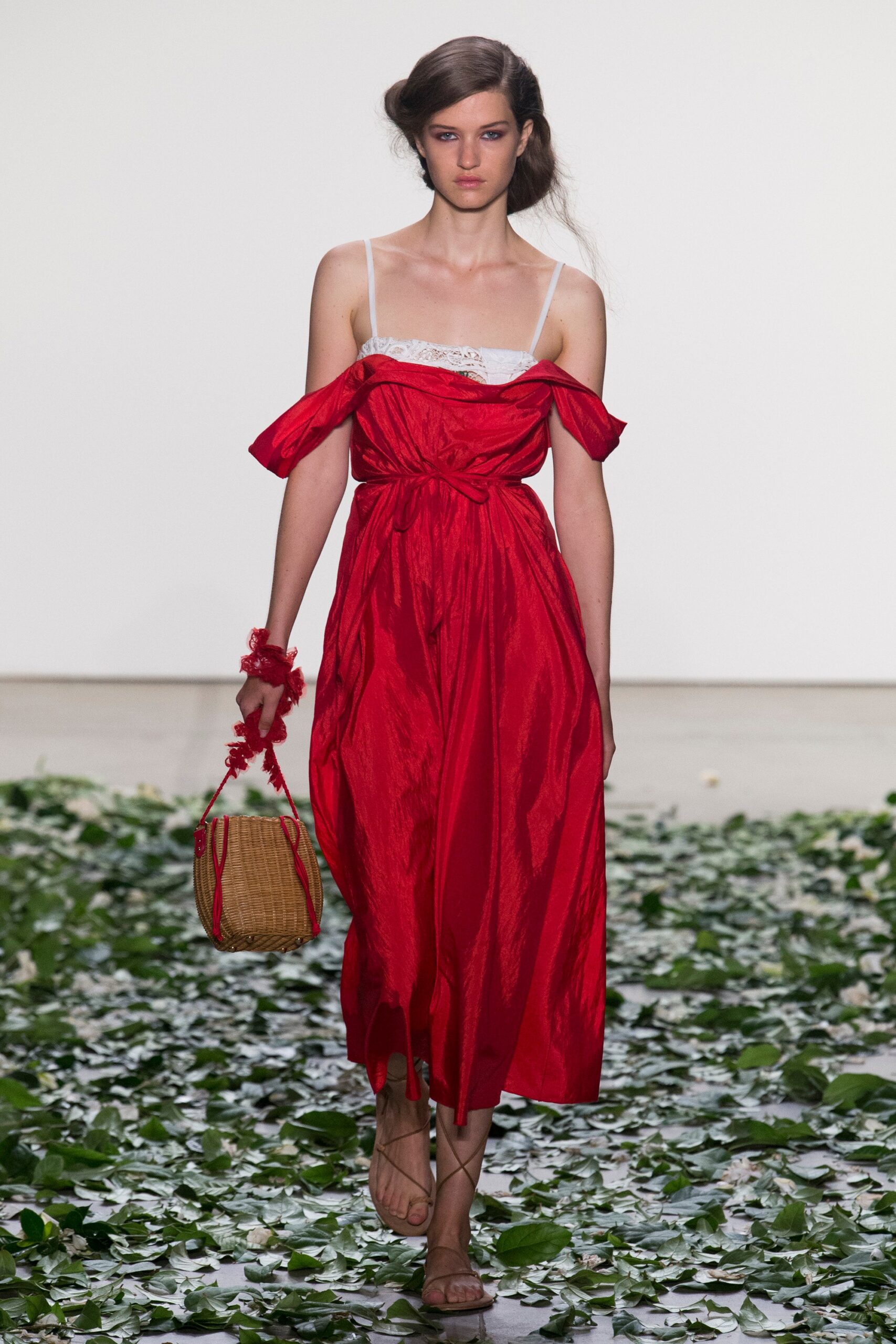 red satin off-shoulder spaghetti-strap draped belted maxi-dress