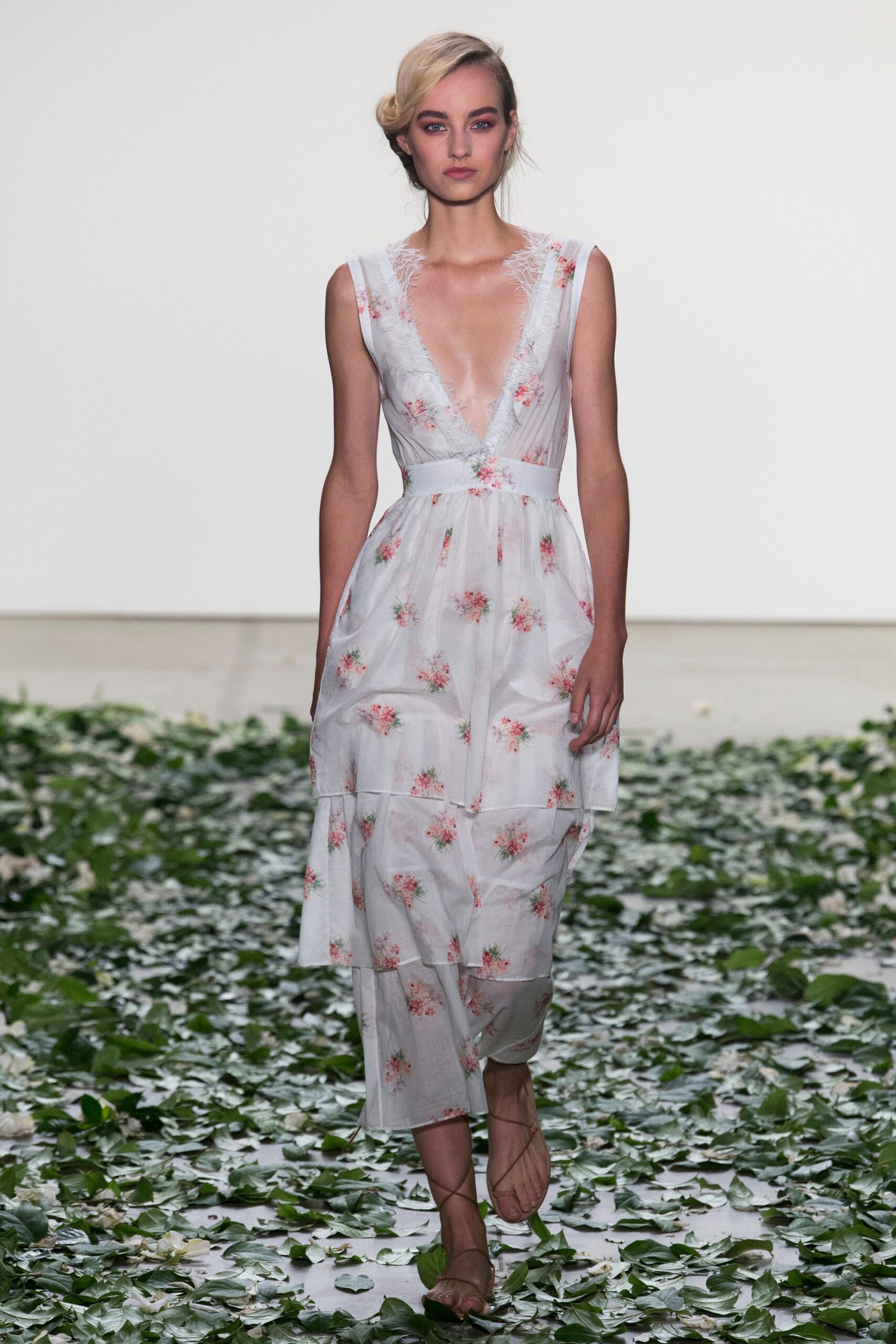 white chiffon sleeveless low-cut floral tiered maxi-dress