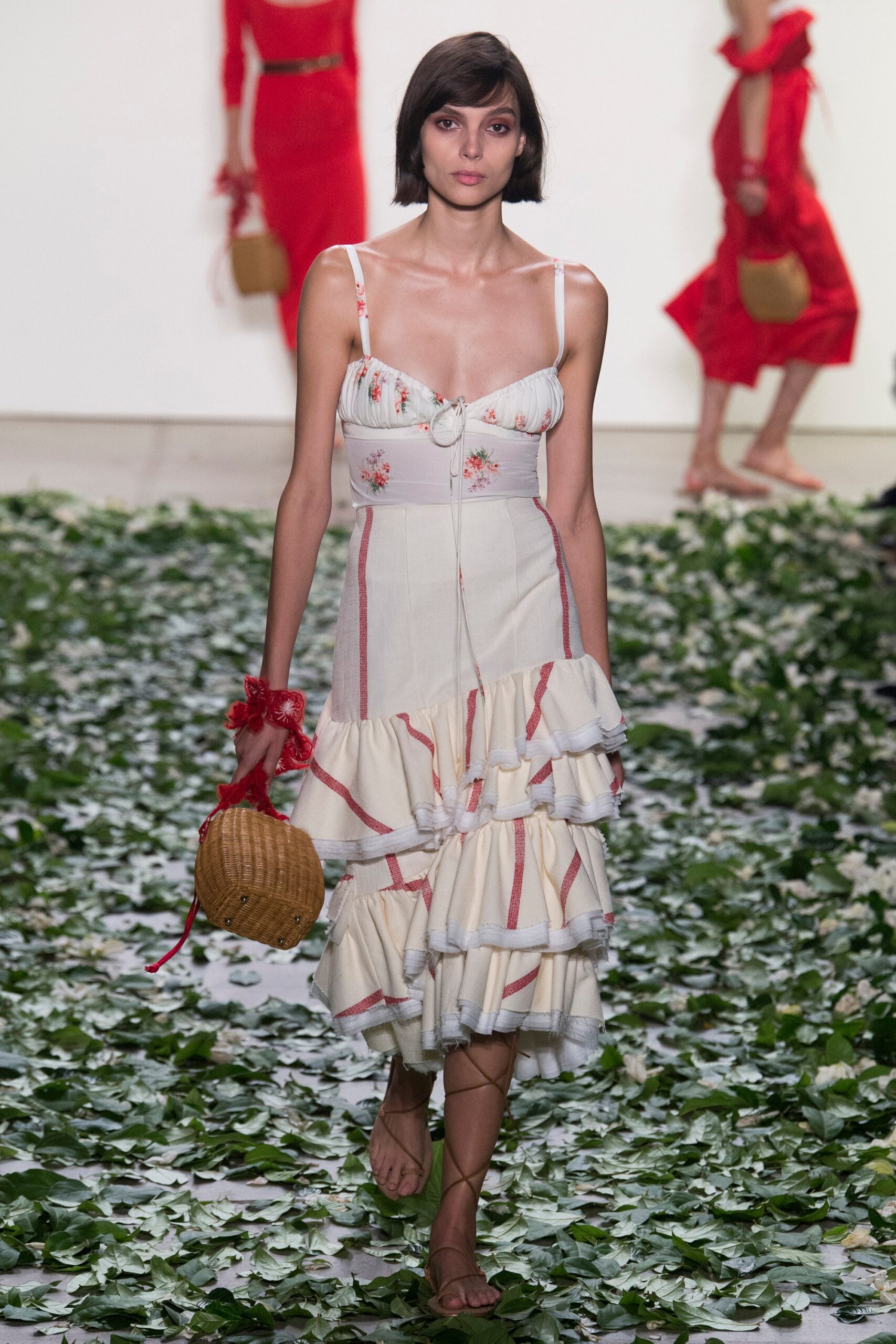 ivory floral ruffled midi dress