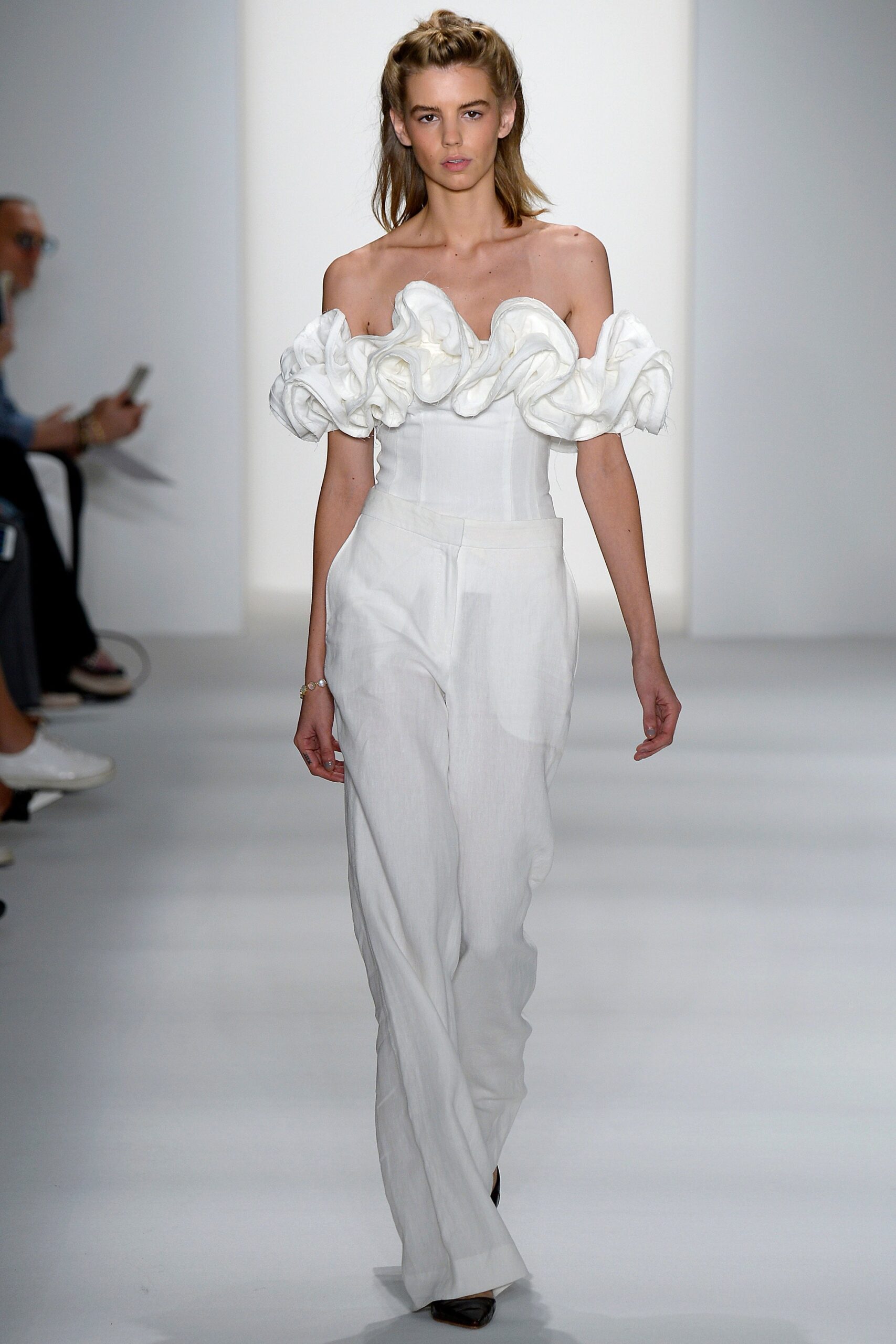 white ruffled off-shoulder top