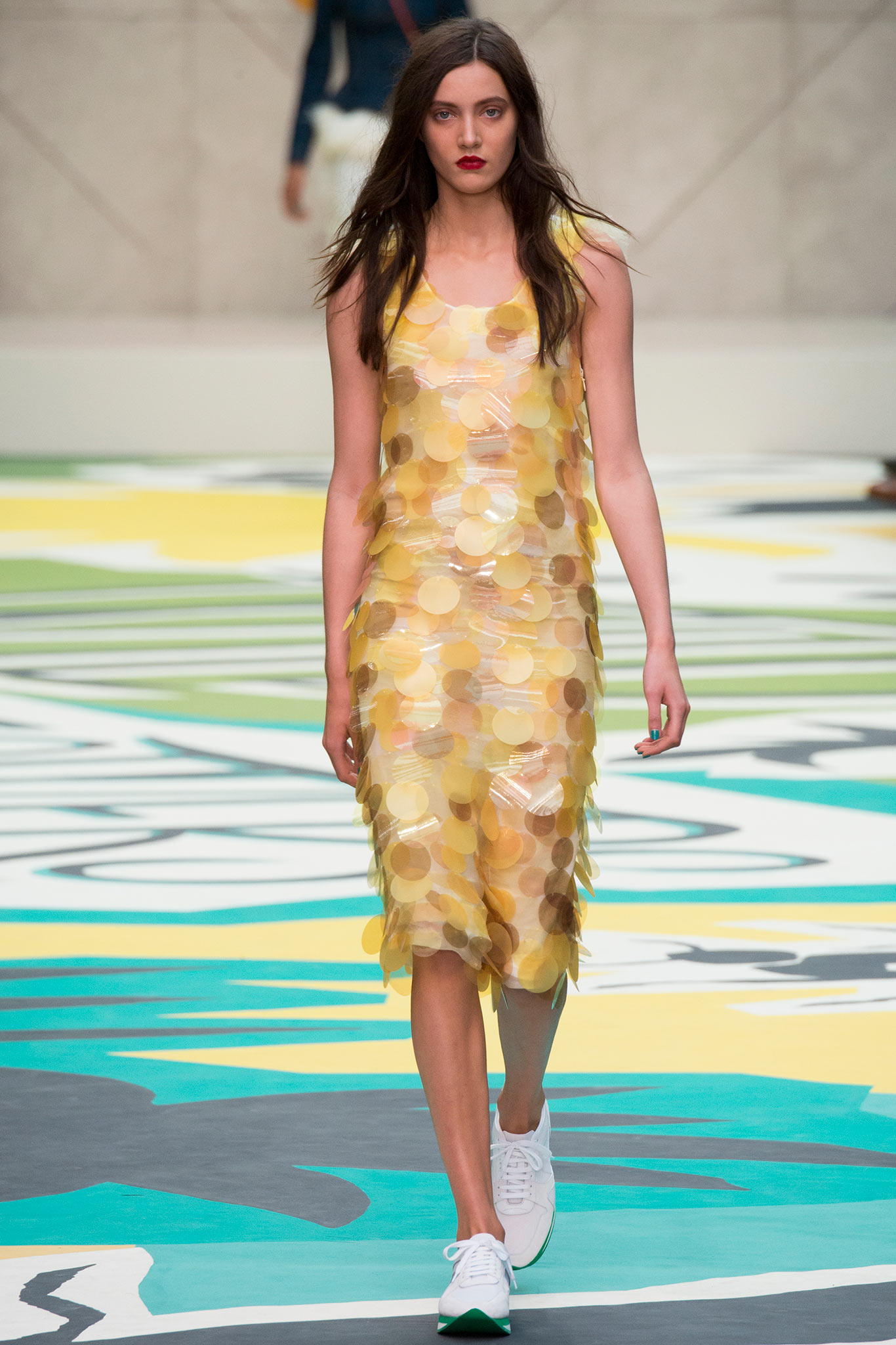 yellow vinyl sleeveless scoop-neck fitted embellished midi-dress