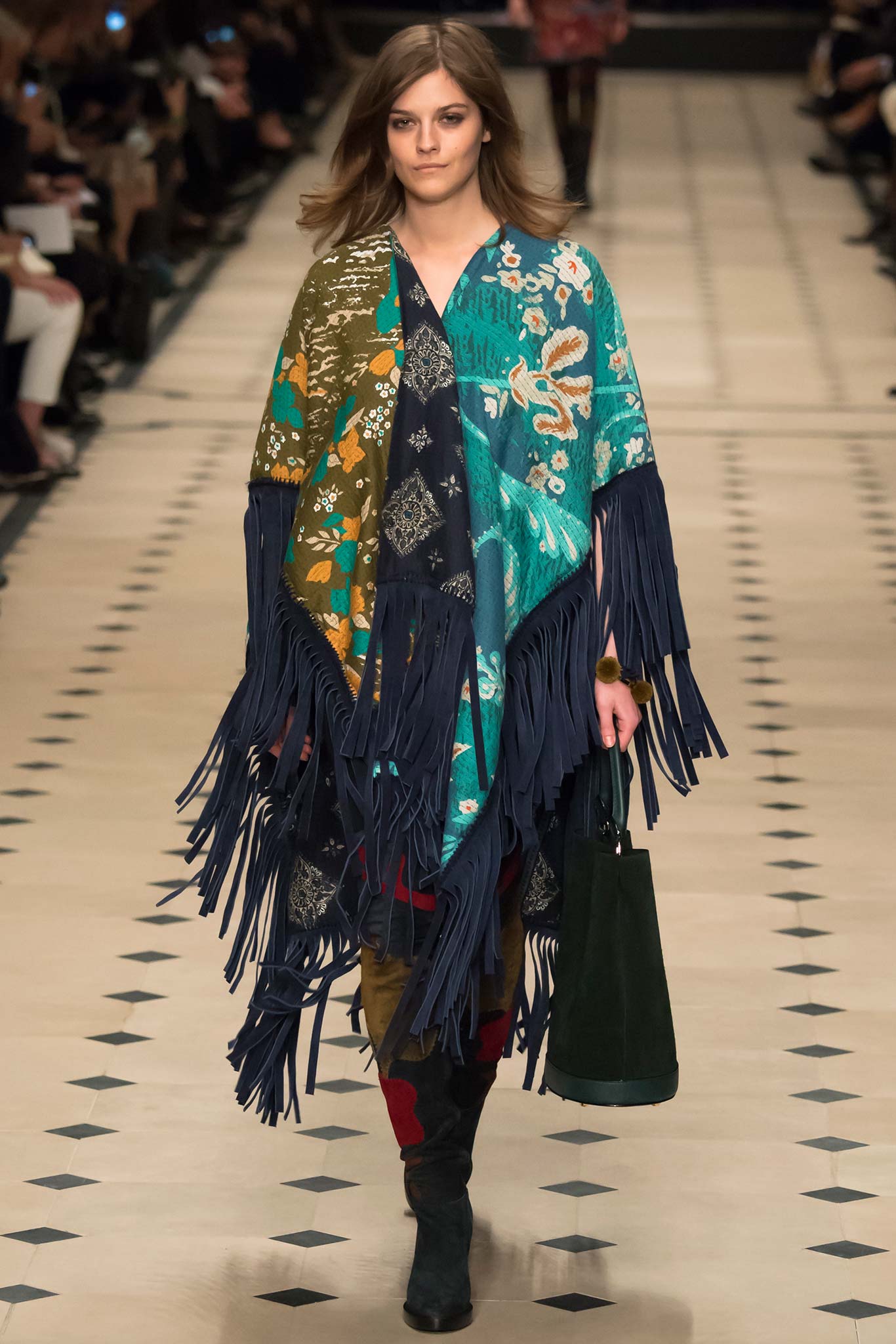 blue unknown v-neck relaxed fringed printed flowing poncho