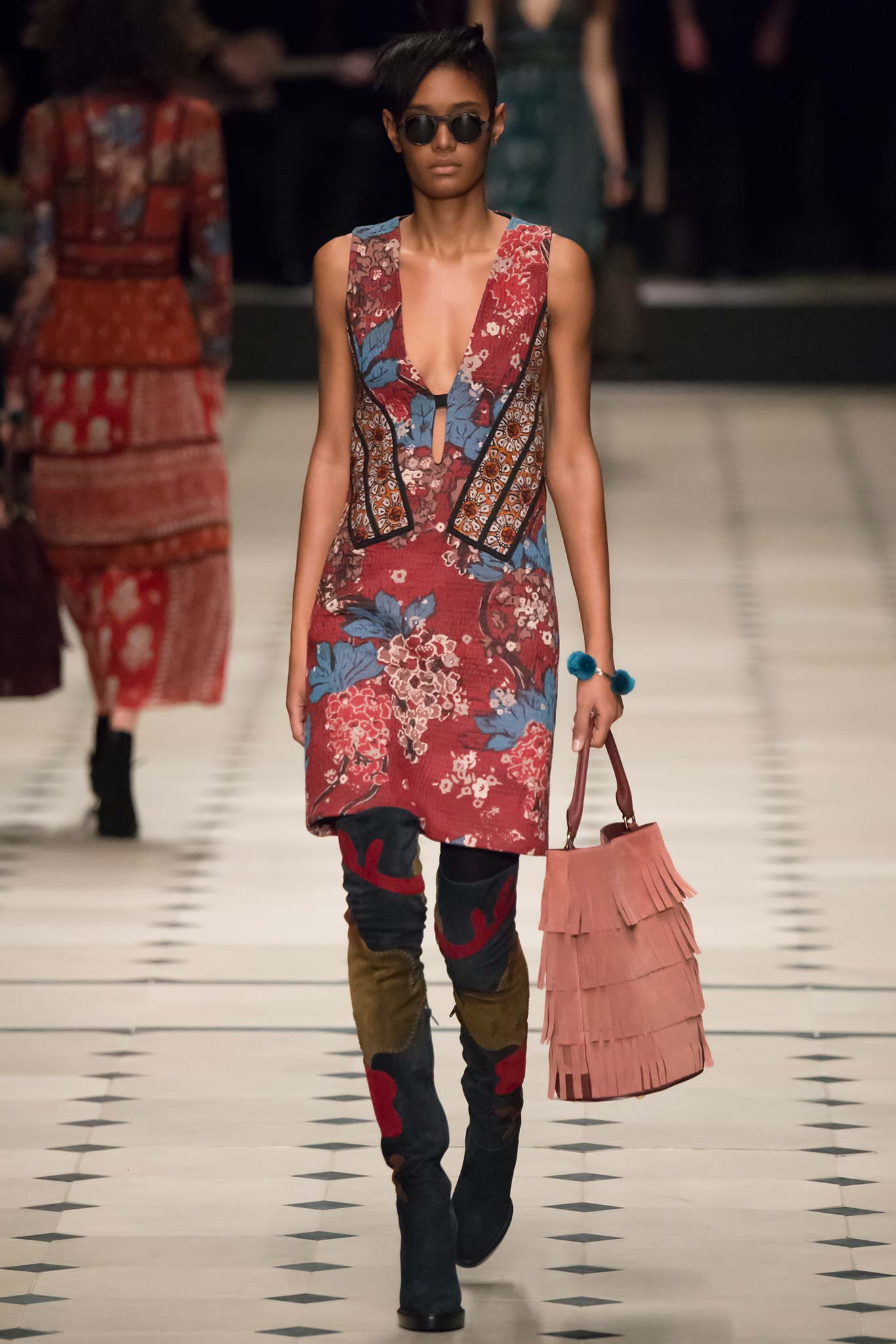 red unknown sleeveless low-cut fitted floral printed midi-dress