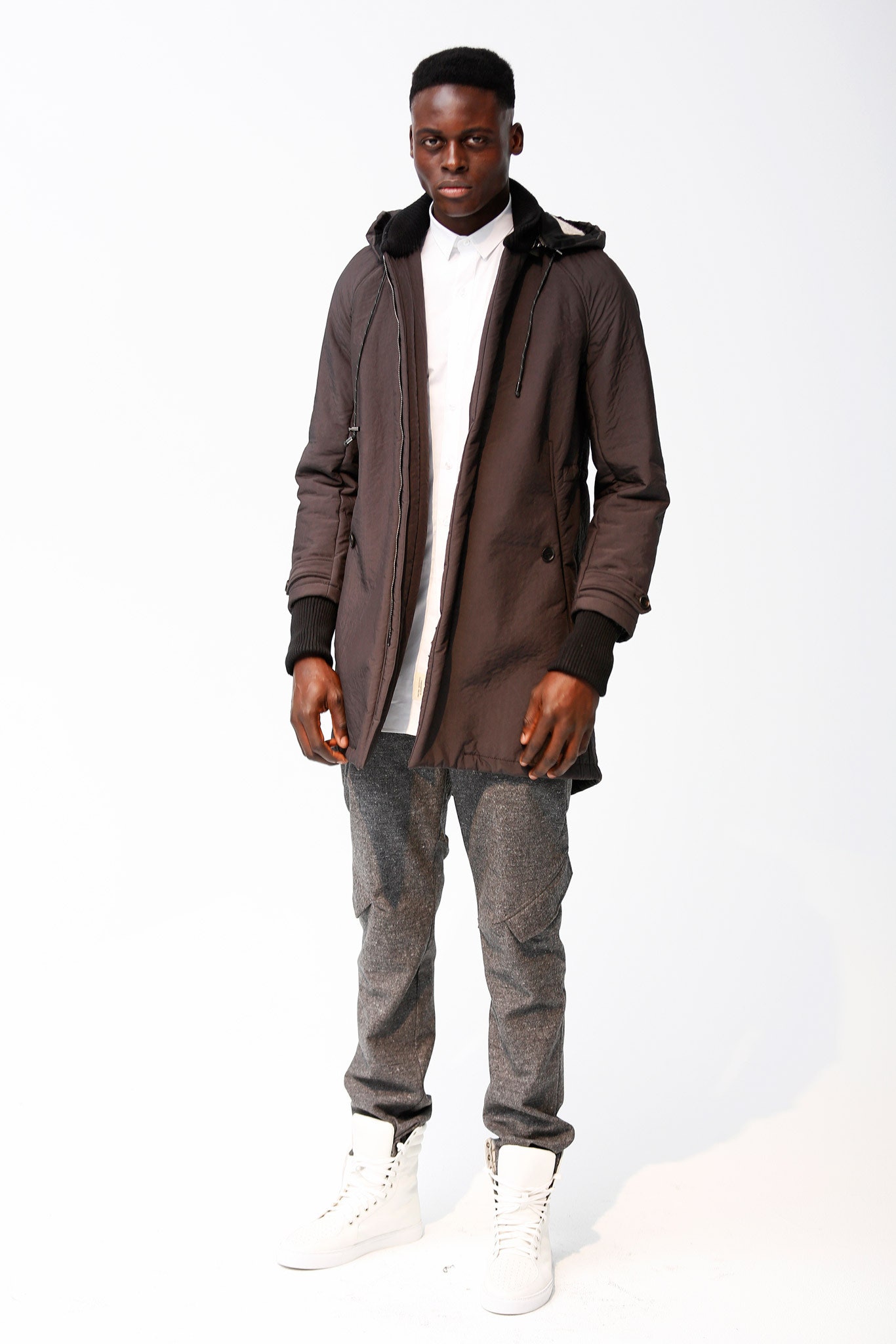 brown nylon long-sleeve hooded relaxed zippered pockets parka