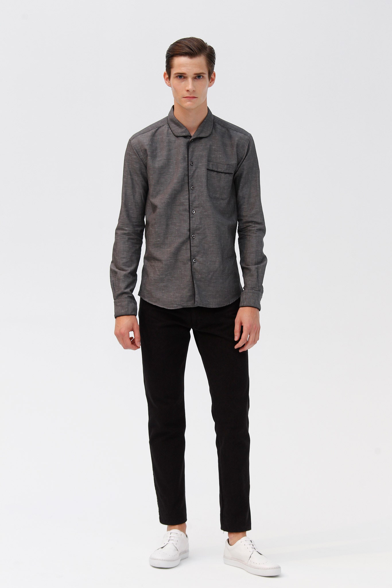 gray buttoned collared shirt