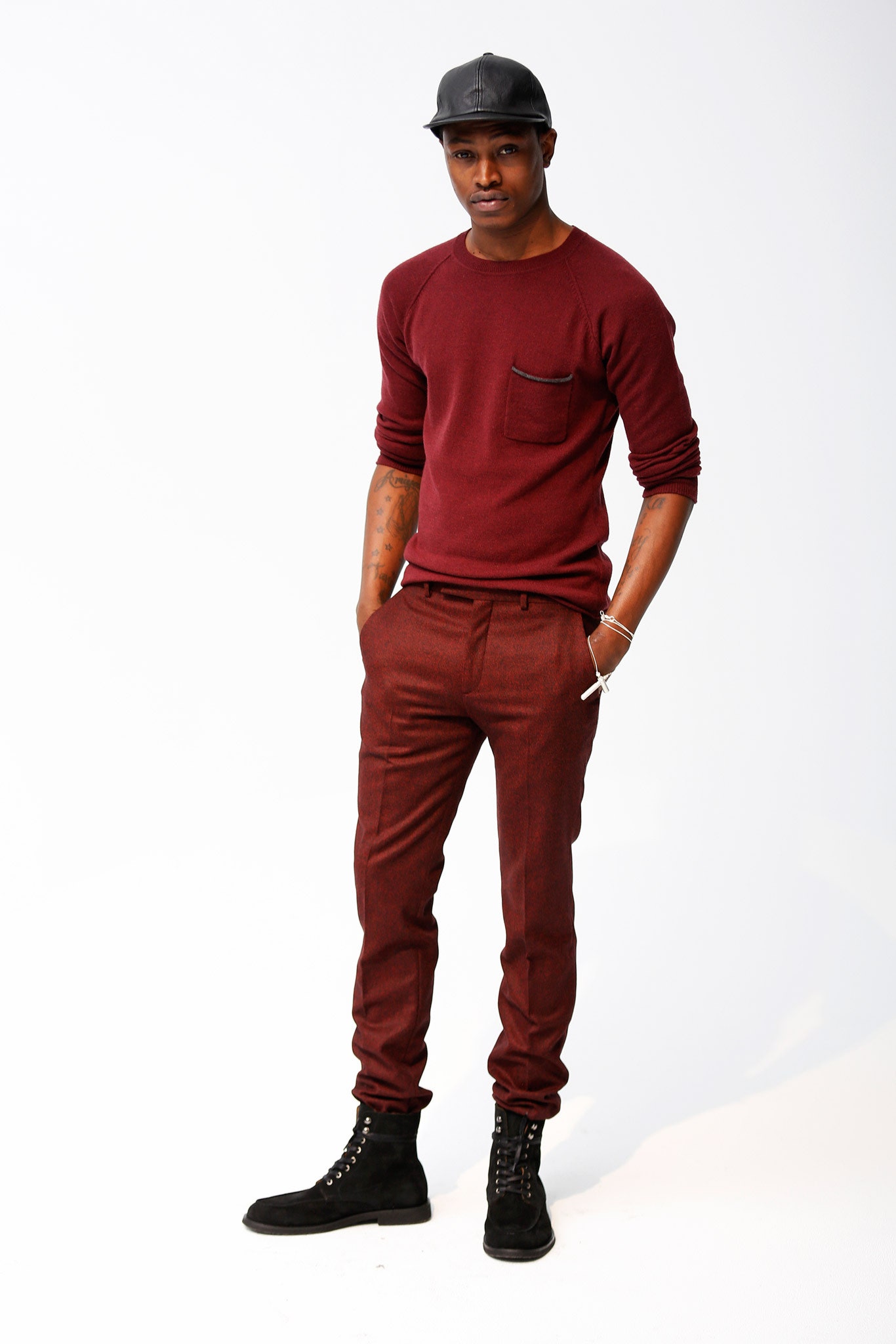 maroon knit long-sleeve sweater