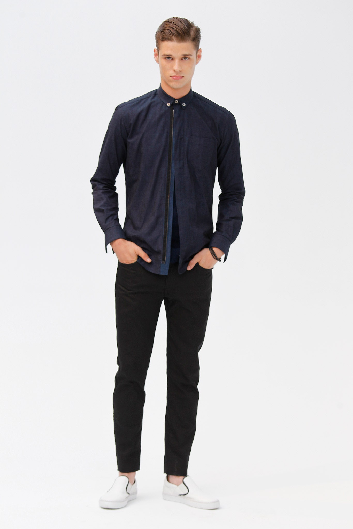 blue zip-front collared shirt