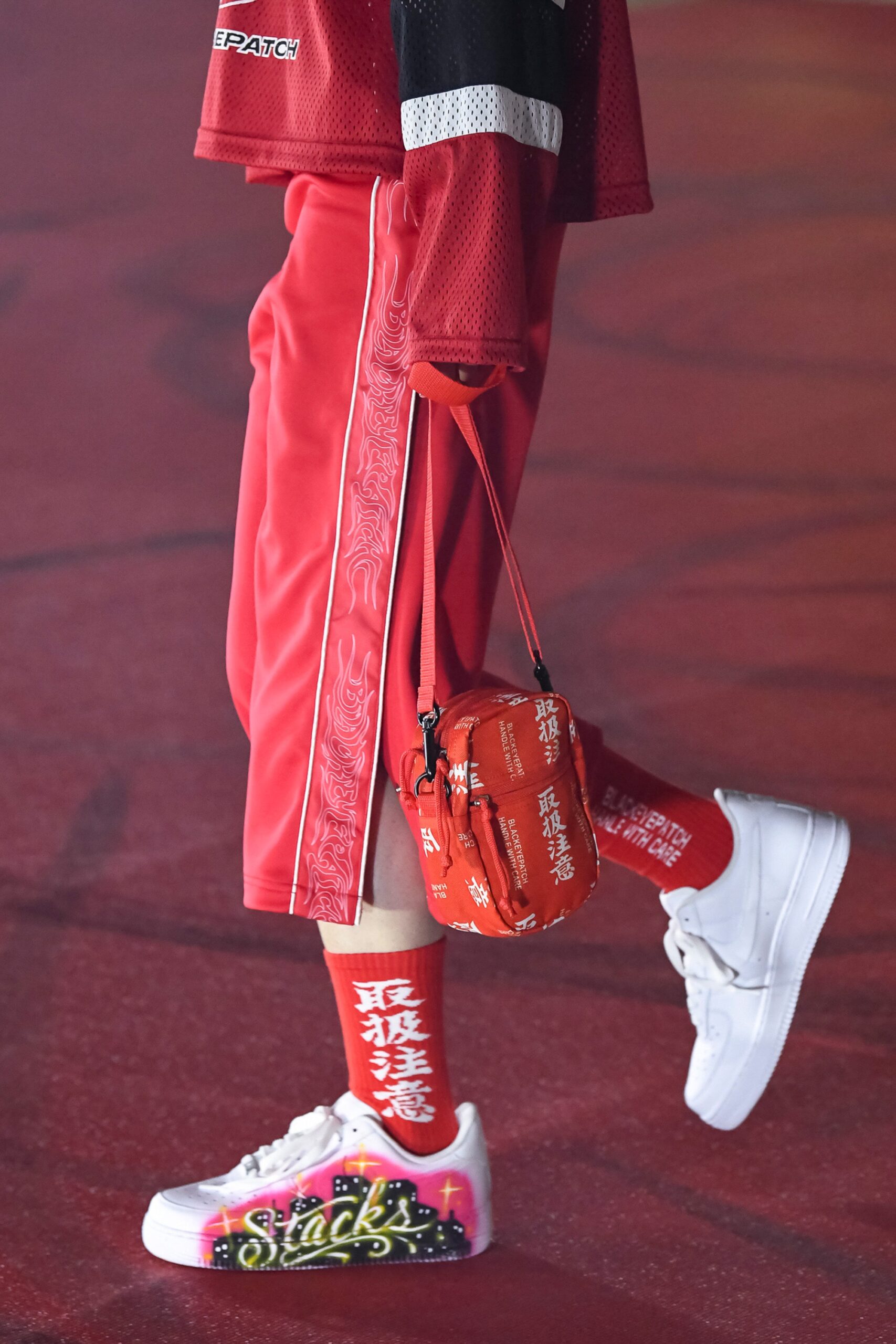 red knit crew printed textured socks