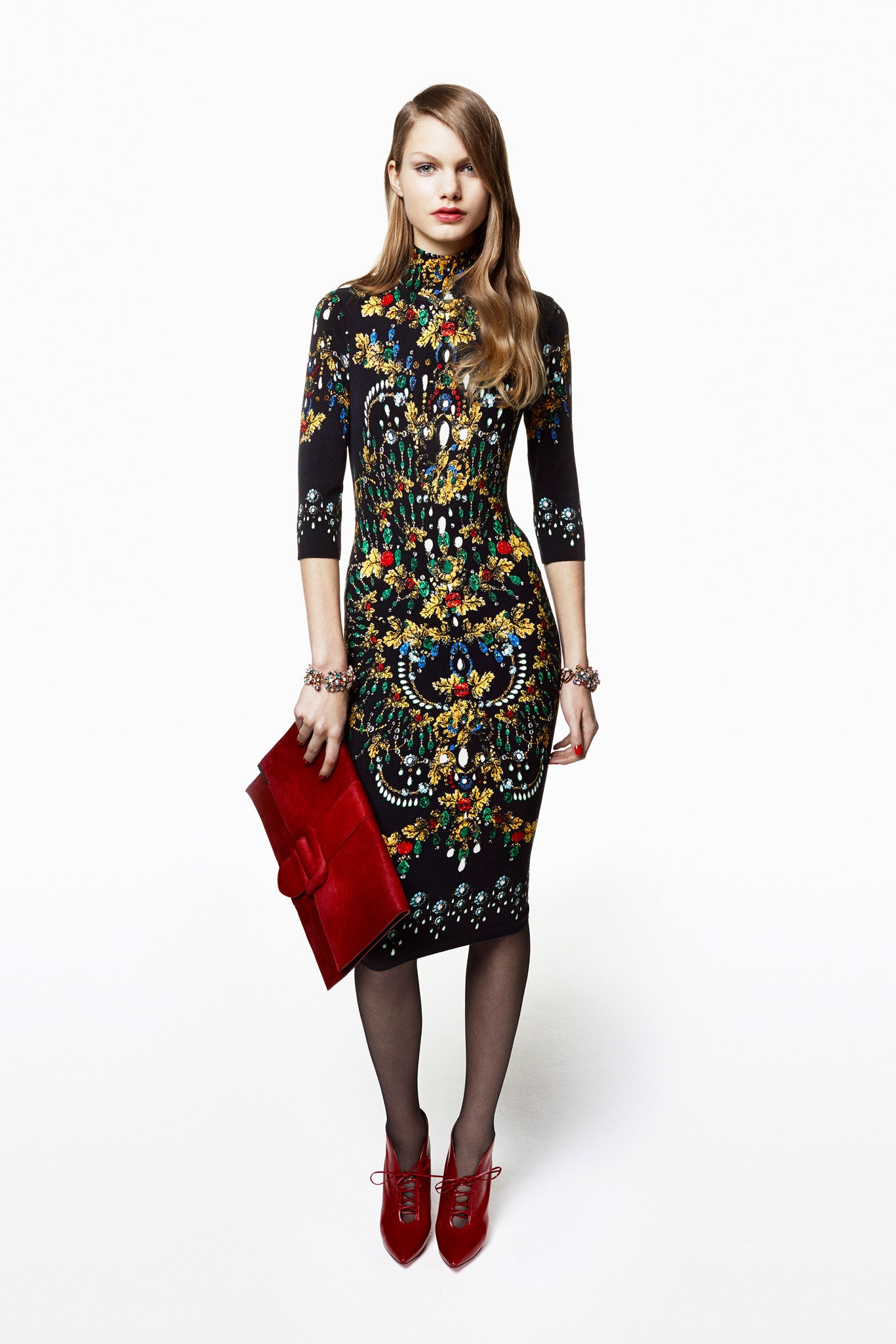 black knit high-neck long-sleeve fitted printed midi midi-dress