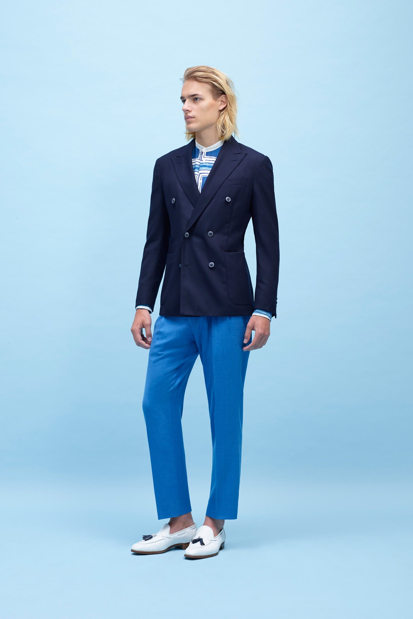 blue double-breasted tailored blazer