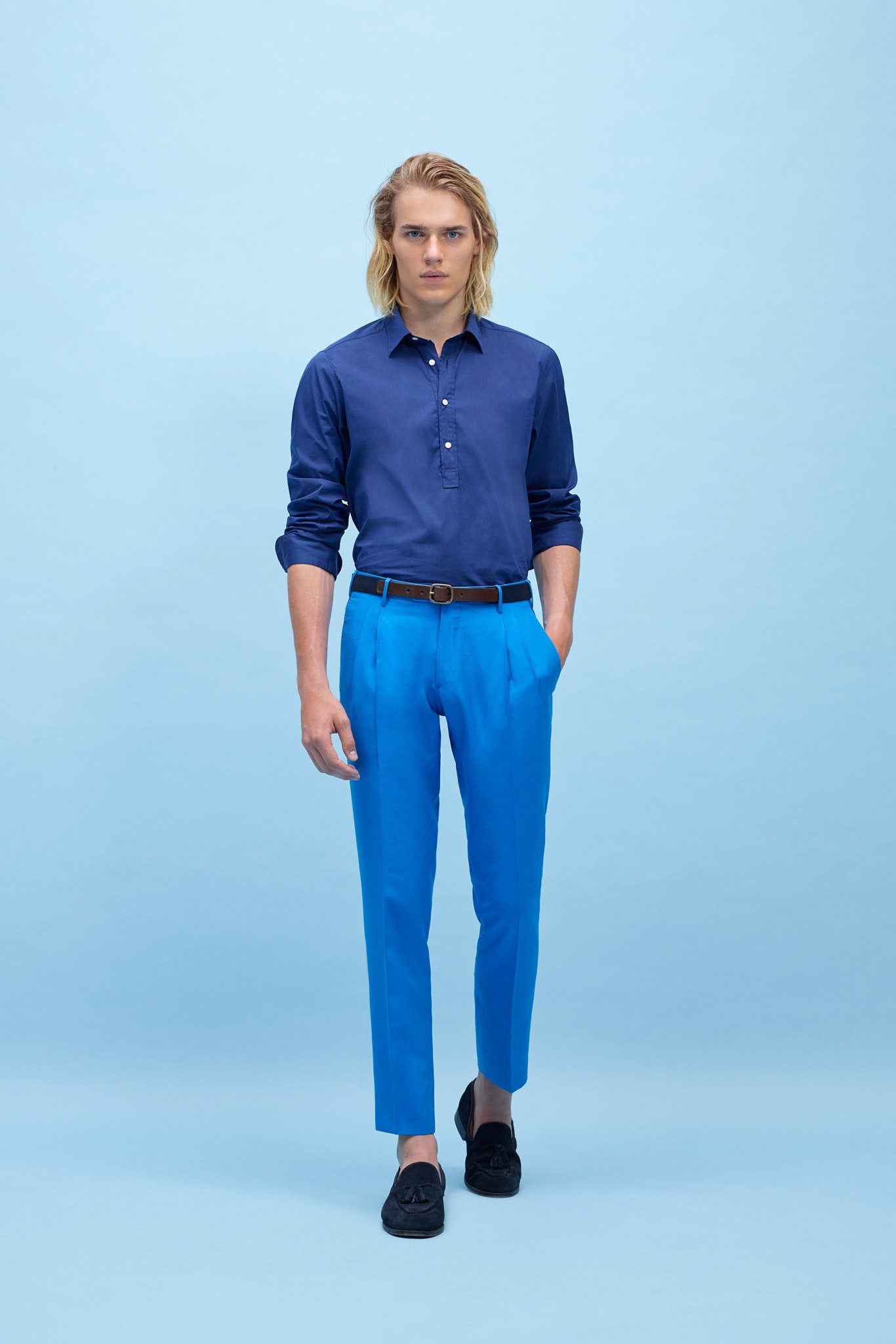 bright blue tailored pants