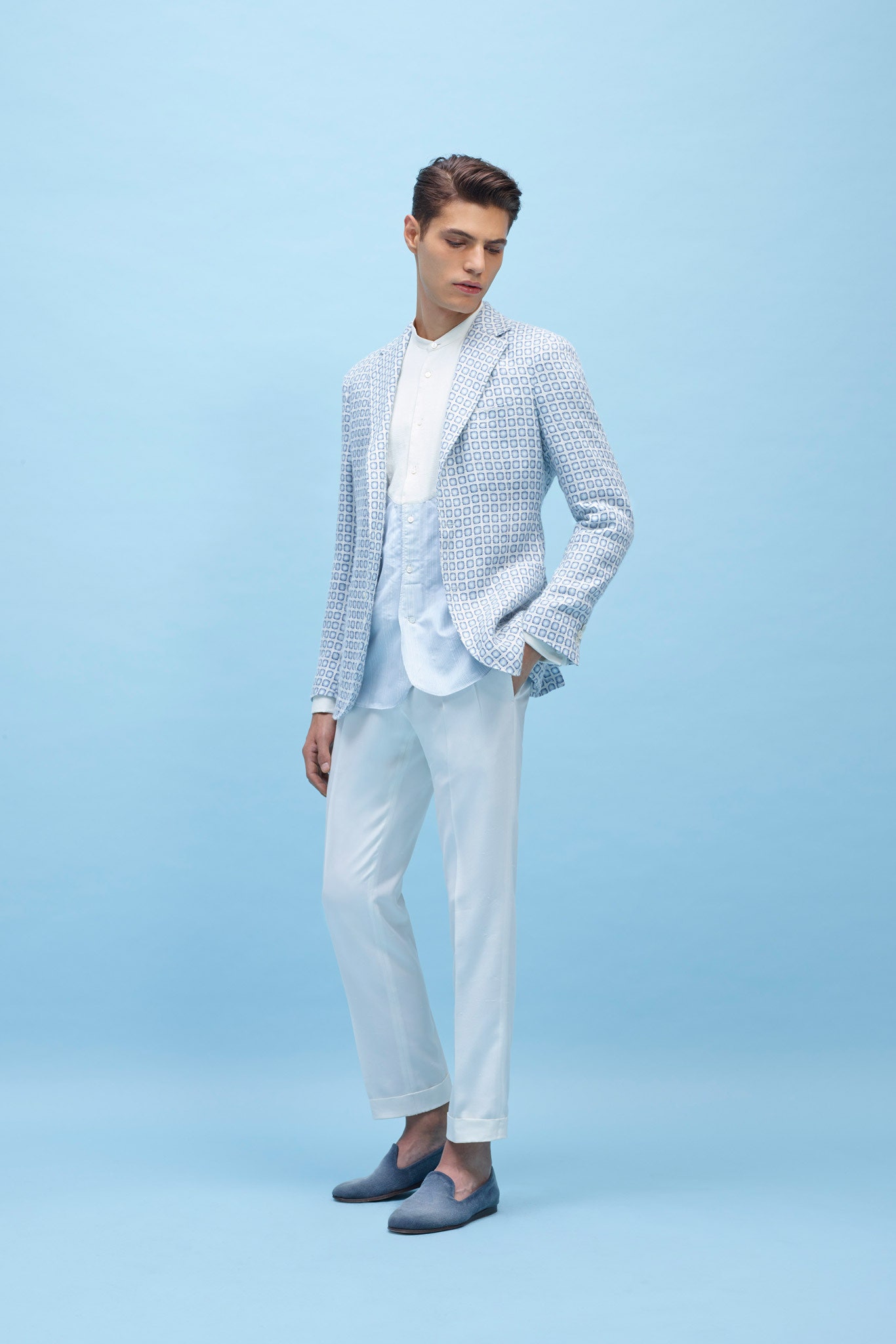 white and blue patterned blazer