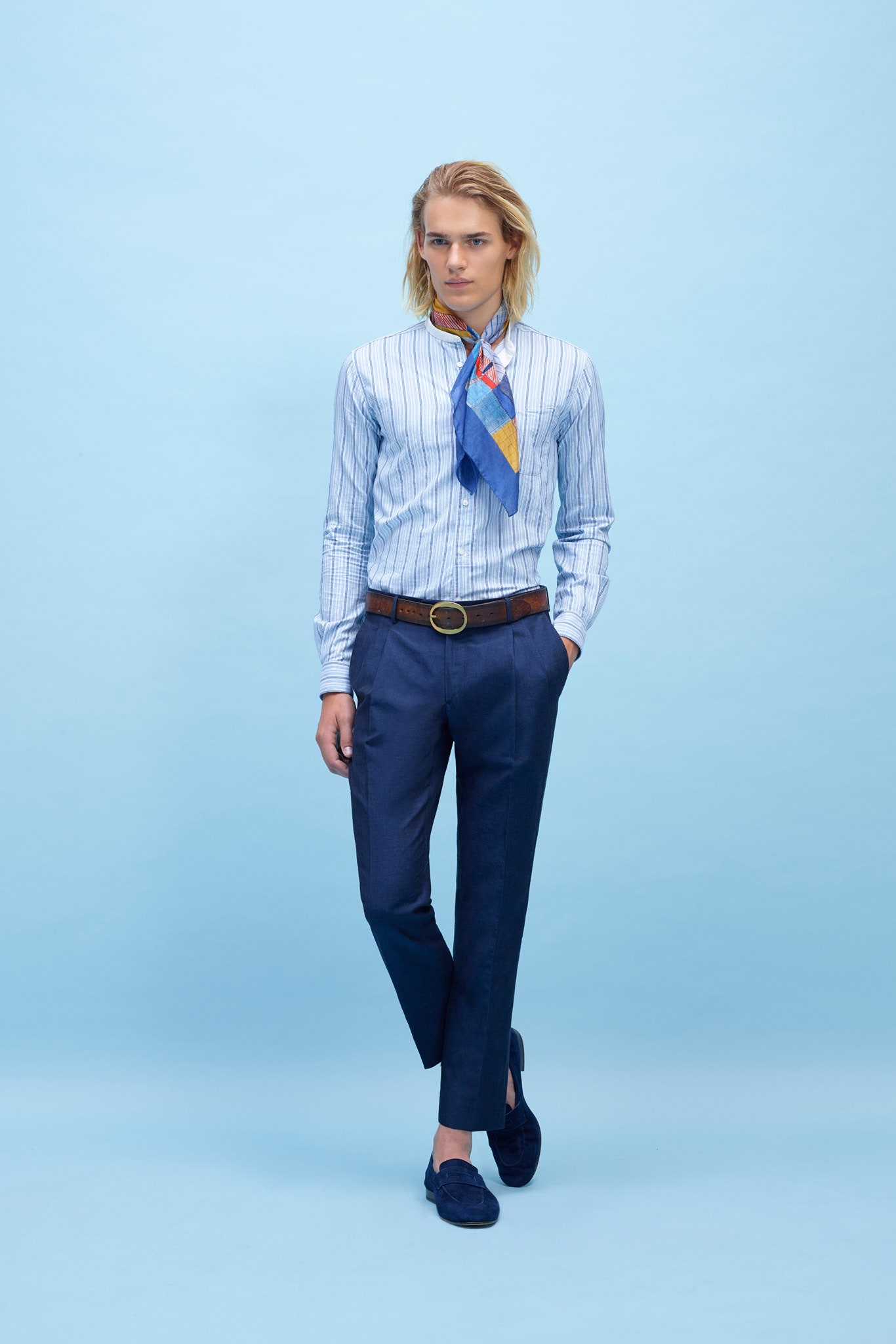blue striped button-front shirt