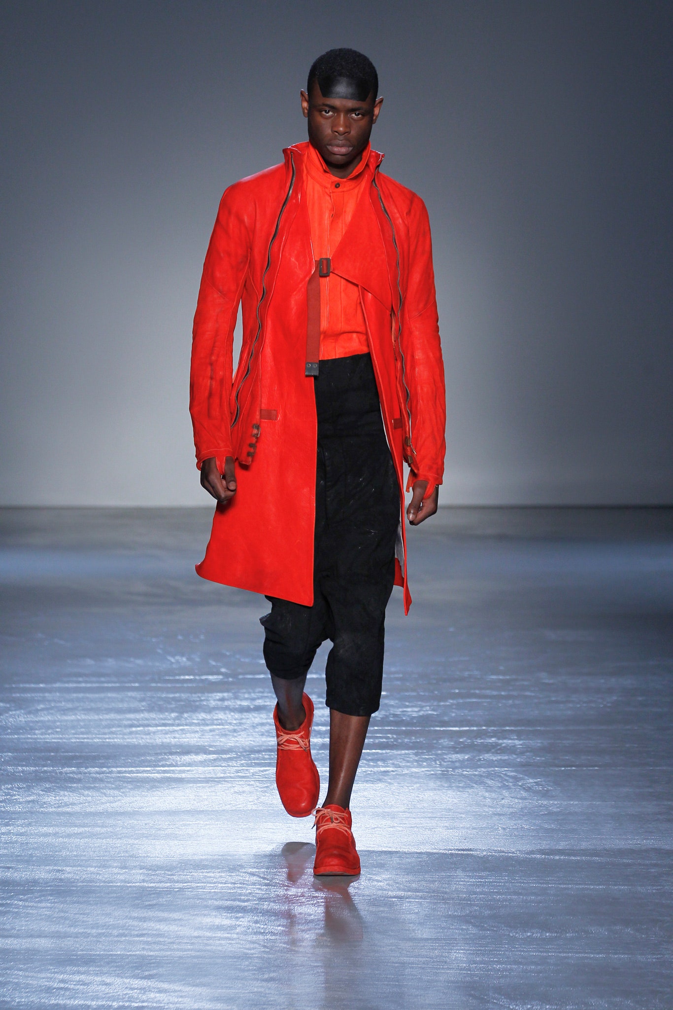 red suede open-front coat