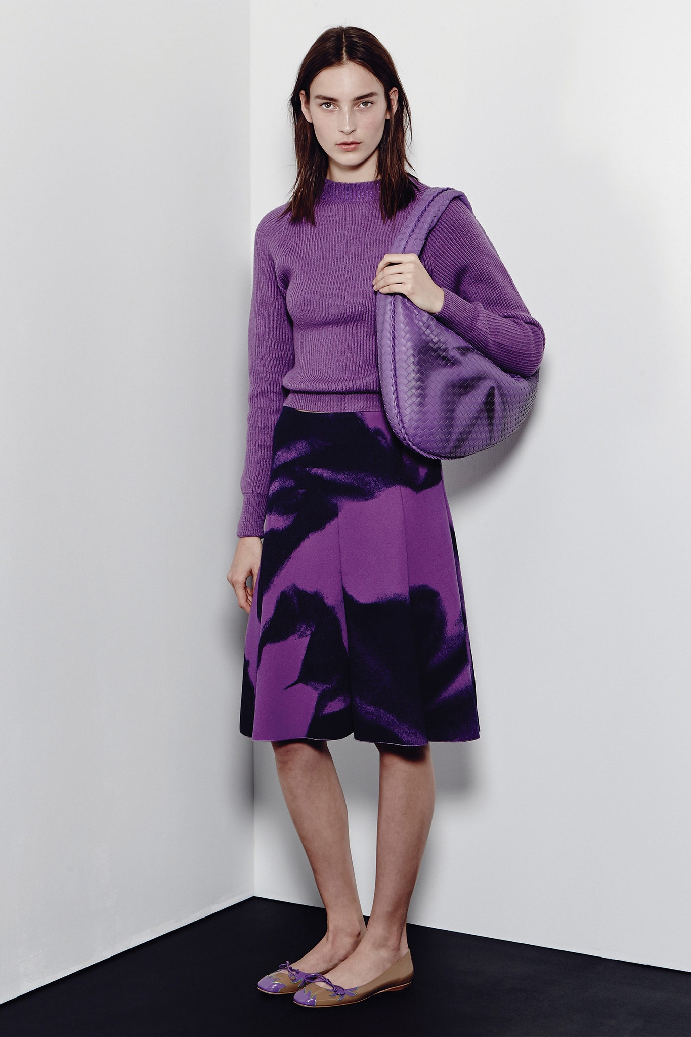 purple knit long-sleeve high-neck fitted ribbed textured sweater