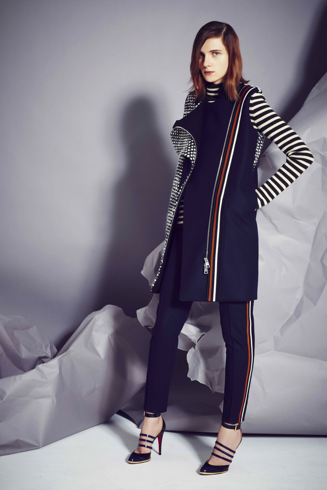 striped zip-front black coat