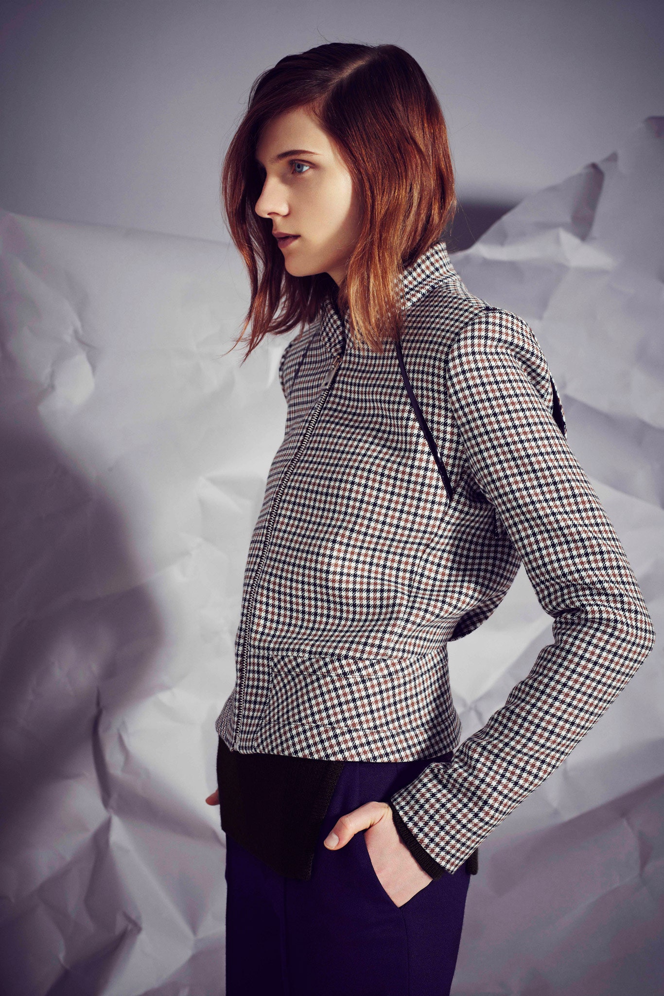 checked high-neck zippered jacket