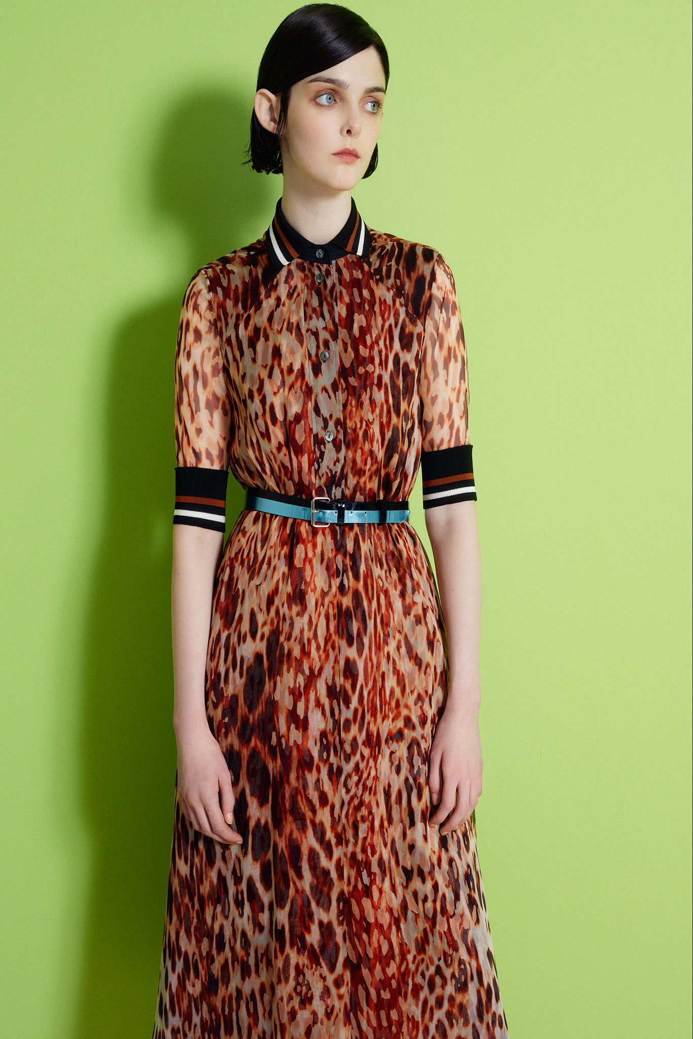brown chiffon collared short-sleeve animal-print buttoned maxi-dress