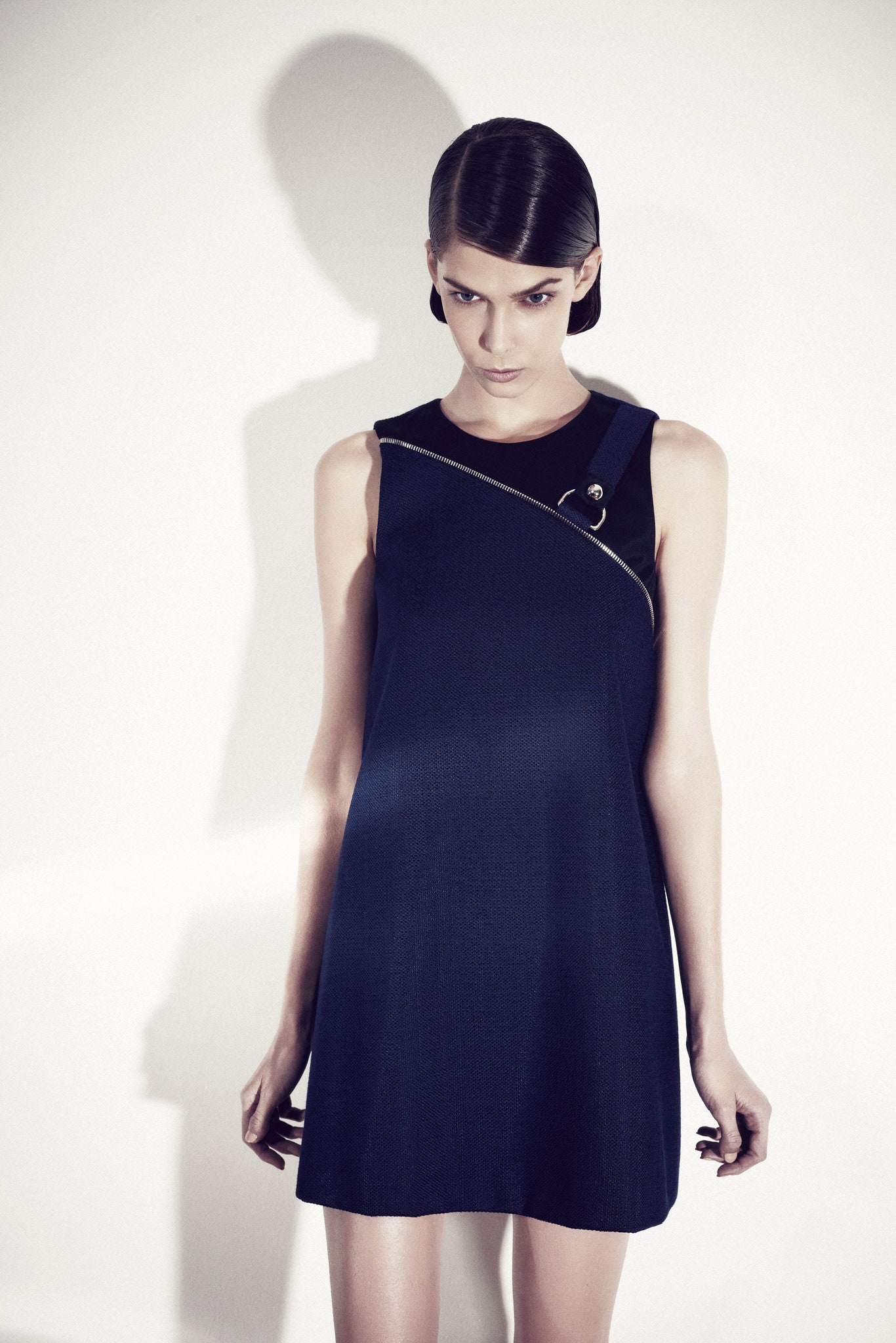 black asymmetric zip mini dress