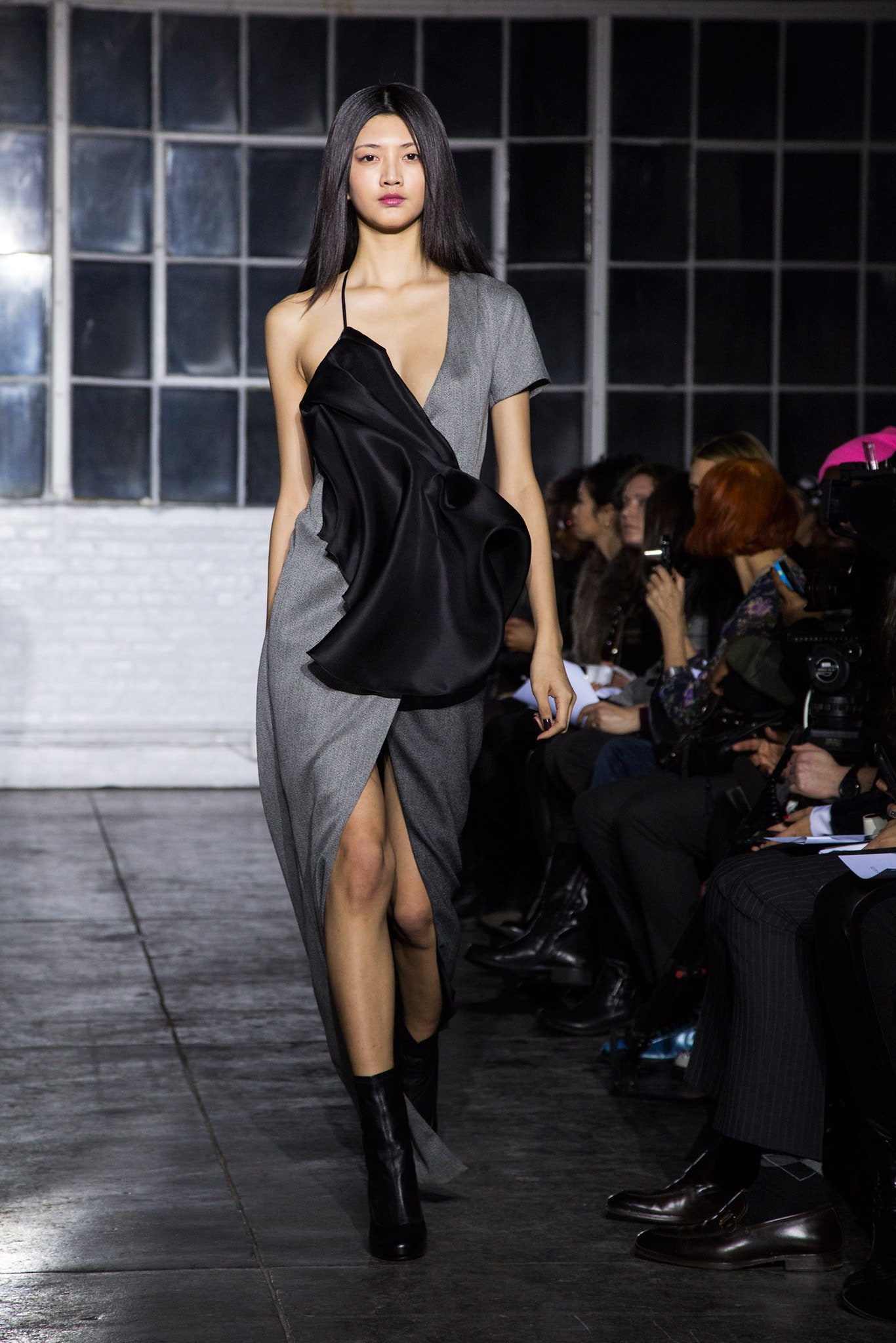 gray unknown asymmetric short-sleeve draped flowing shiny gown