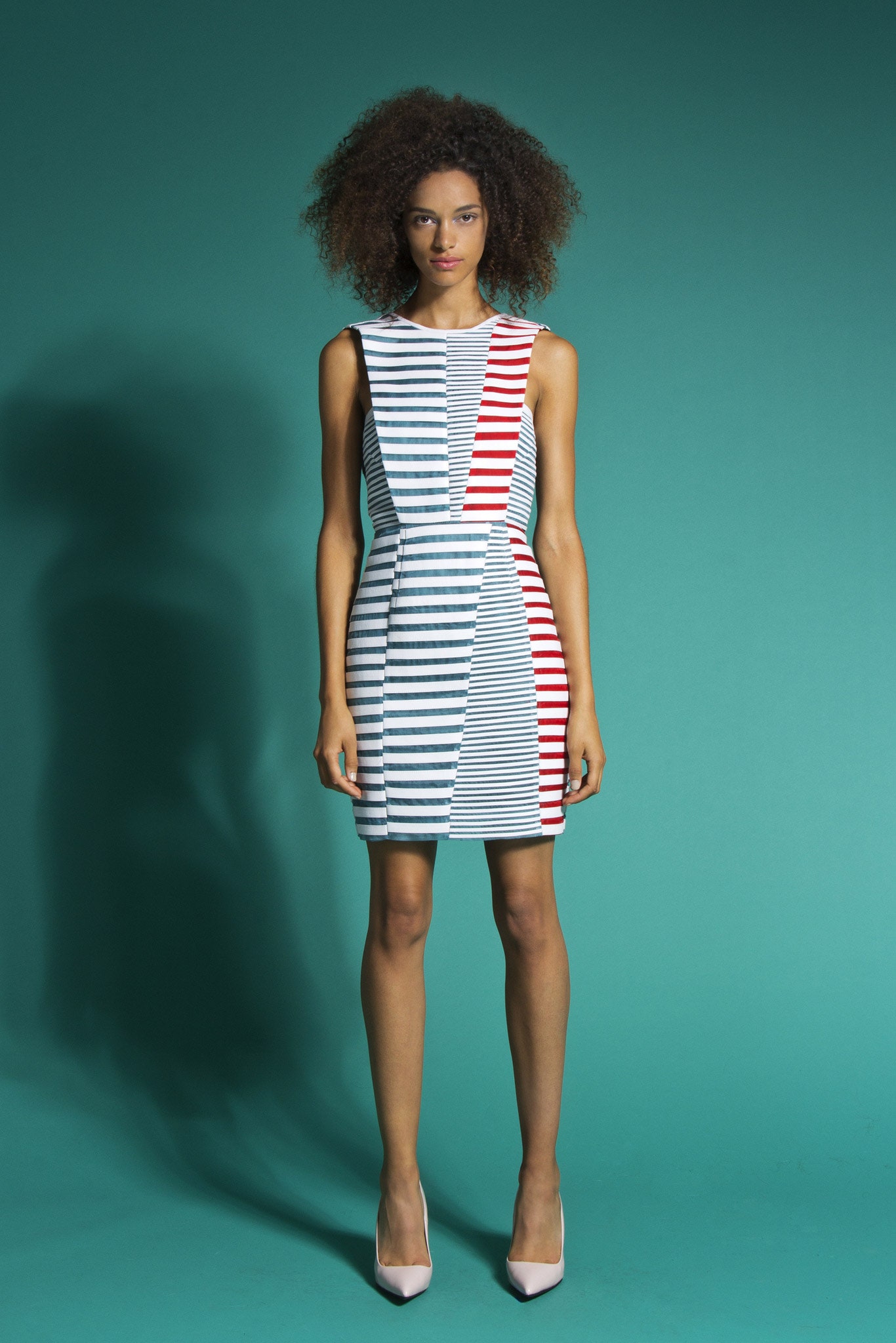 multi unknown sleeveless high-neck fitted striped panelled mini-dress