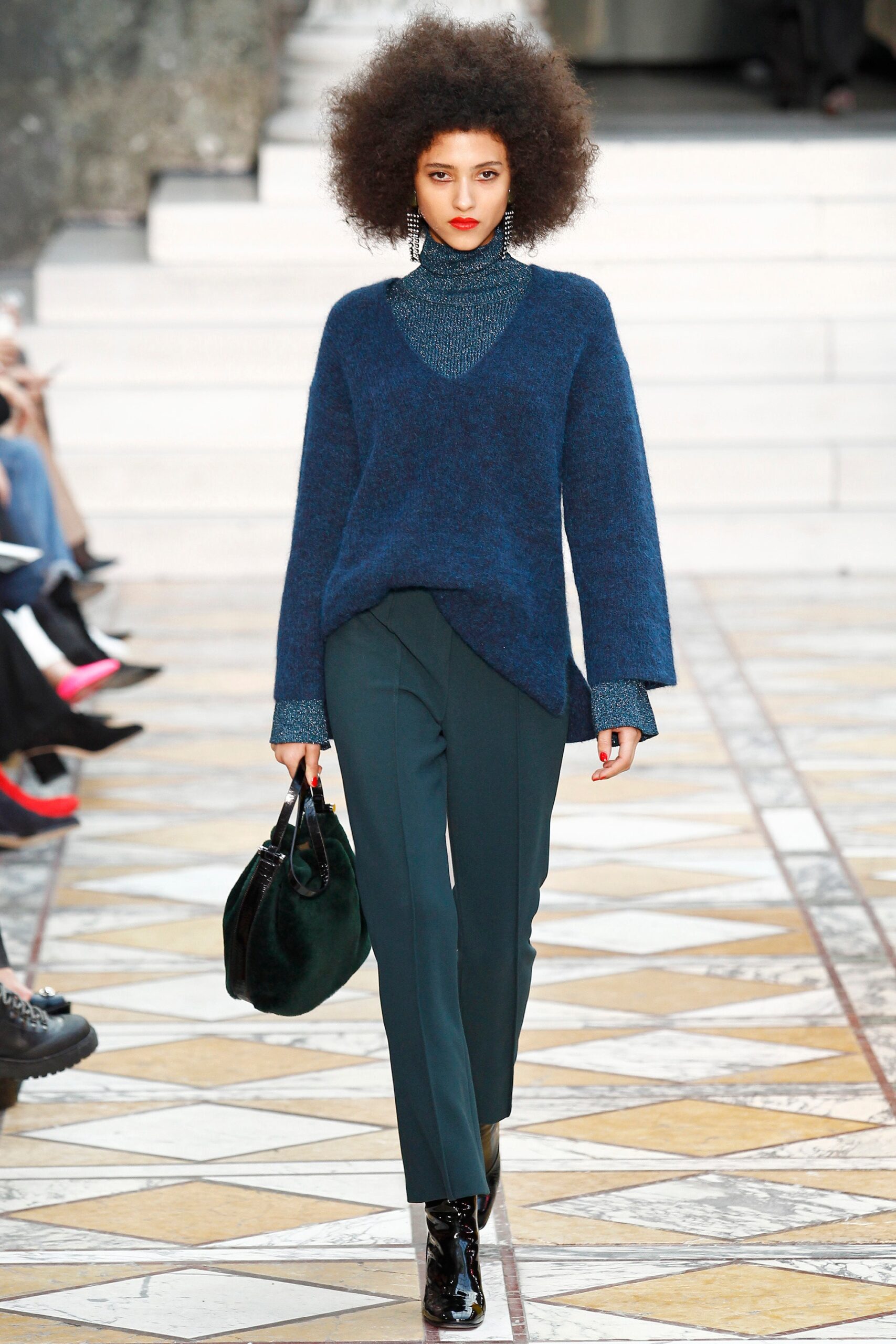 blue knit long-sleeve v-neck relaxed textured sweater