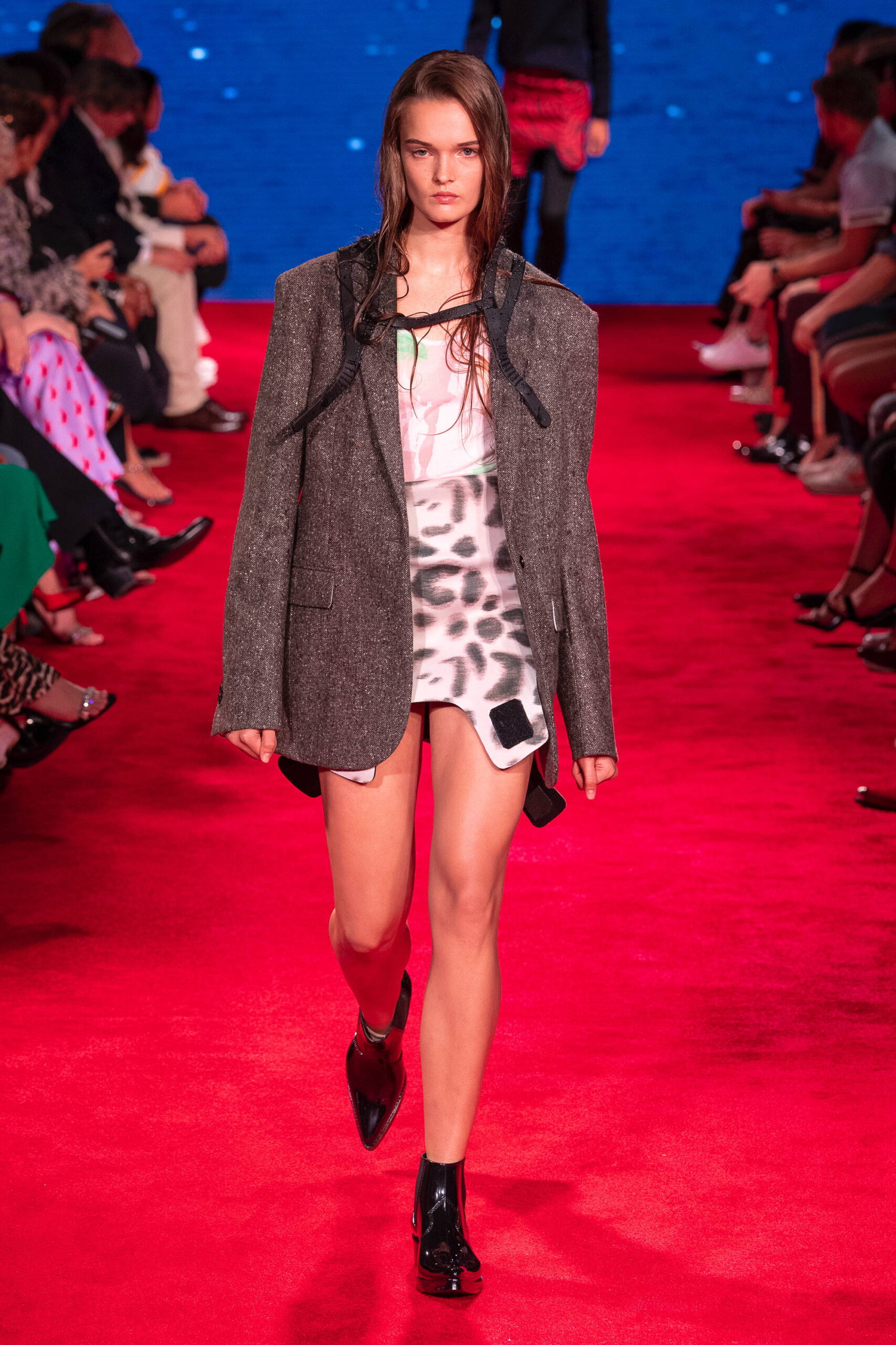 oversized tweed blazer over printed mini dress